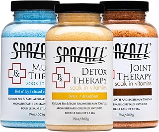 Spazazz Hot Tub Aromatherapy RX Muscle Detox Joint Bath Salt Crystals Bundle. Three Jars of 19oz Spazazz Hot Tub Crystals with Hot/Cold Towel and 5-Point Full Body Massager