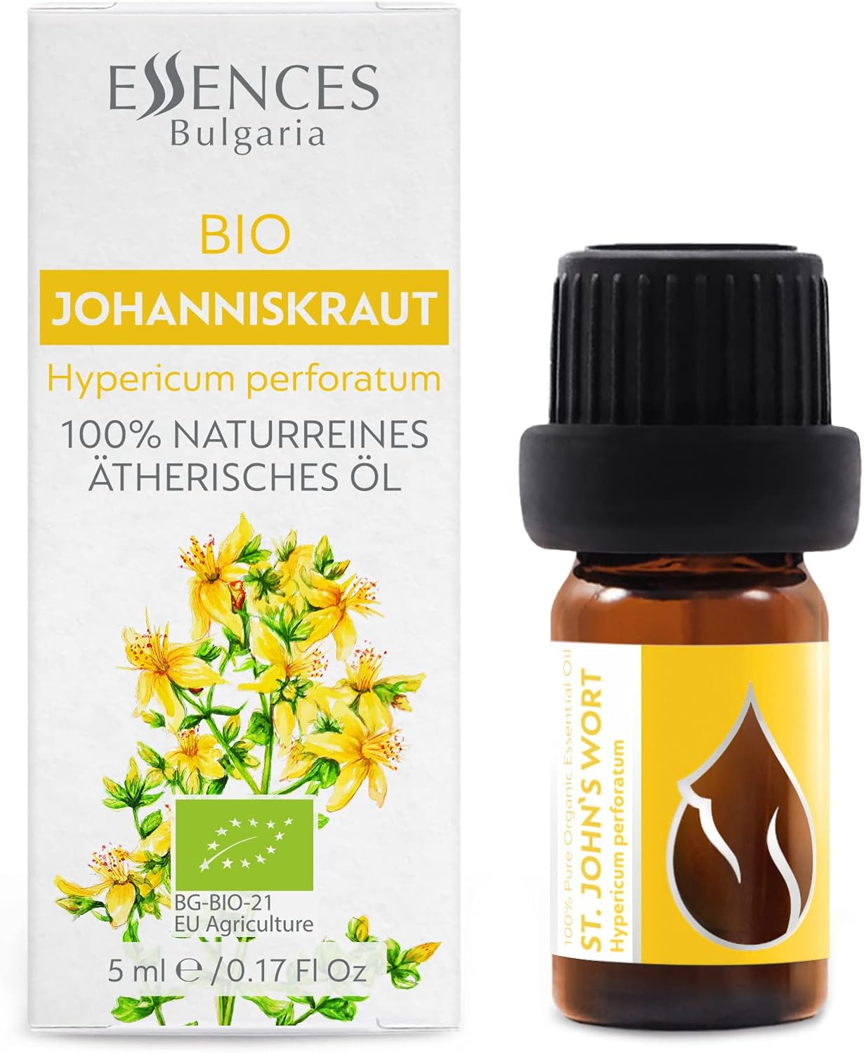 Essences Bulgaria Organic St. John's Wort Essential Oil 1/6 Fl Oz | 5ml | Hypericum perforatum | 100% Pure and Natural | Undiluted | Therapeutic Grade | Family Owned Farm | Steam-Distilled | Non-GMO
