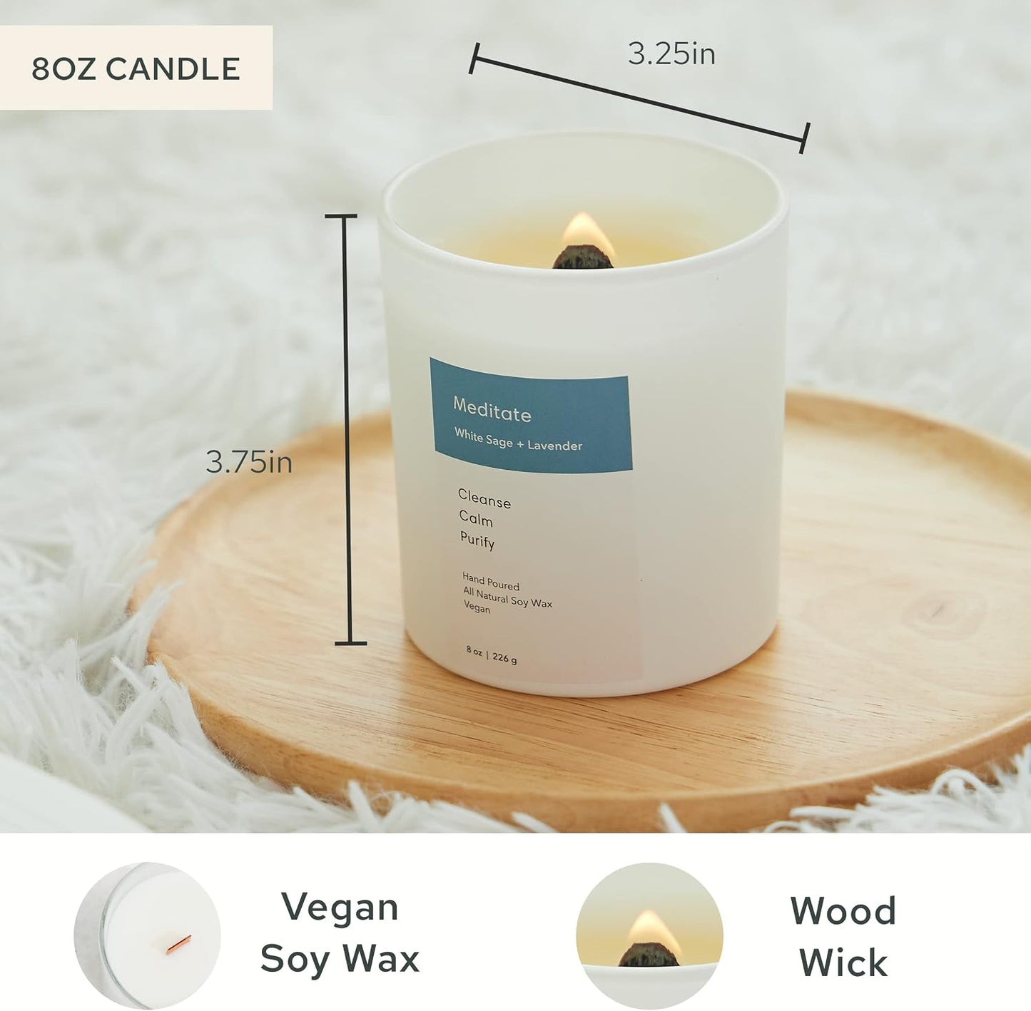 Mindful Modern Natural Meditate Candle | White Sage and Lavender Hand-Poured Soy Wax Stress Relief | Aromatherapy Candle | Elegant Scented Home Fragrance | Clean, Even, Longer Burn | 8 oz Glass Jar