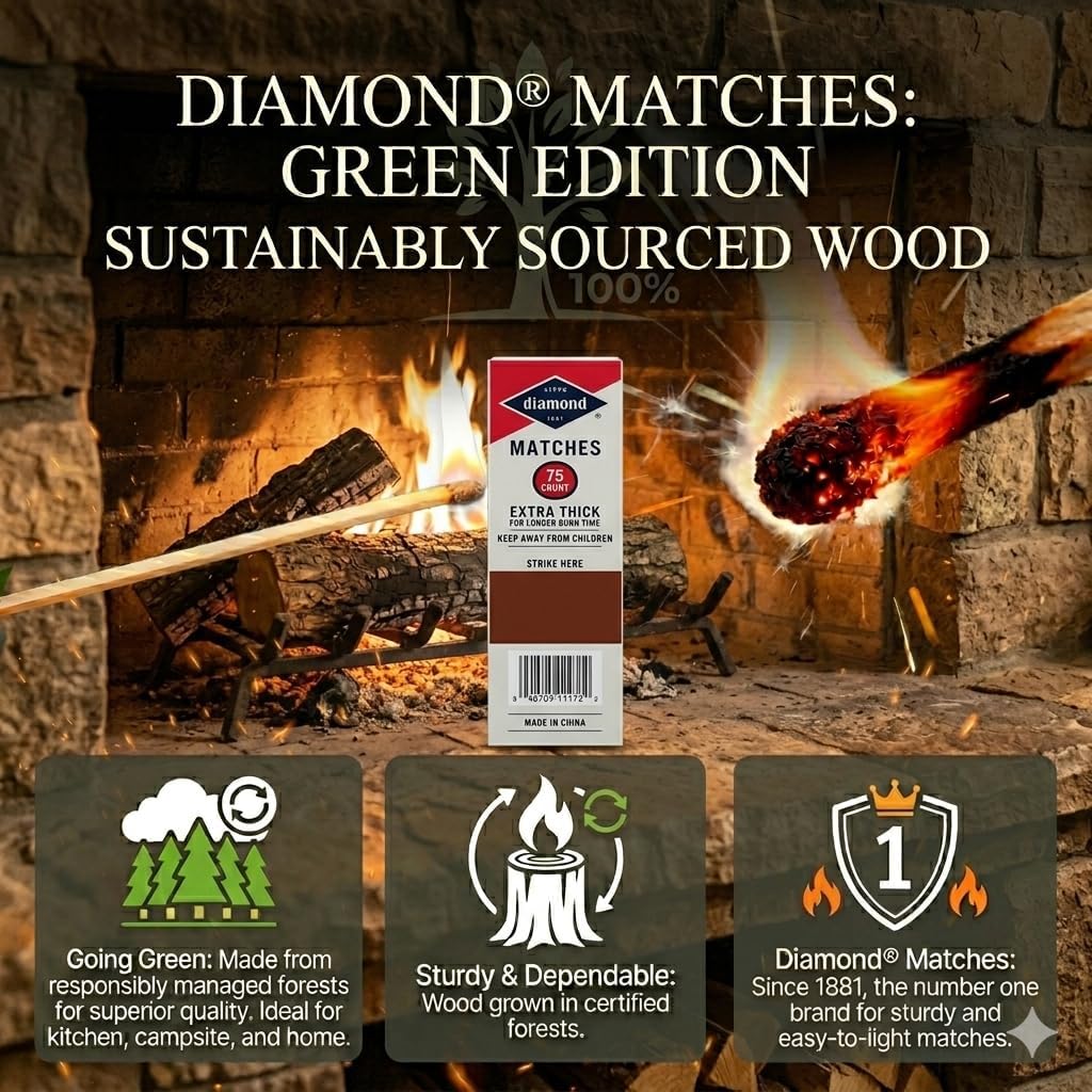 Diamond Long Reach Matches 75 Count (2 Pack Total 150 Matches) Strike on Box Wooden Matches for Fireplace, Grill, Candles & Camping – Long Burn Time Safety Matches