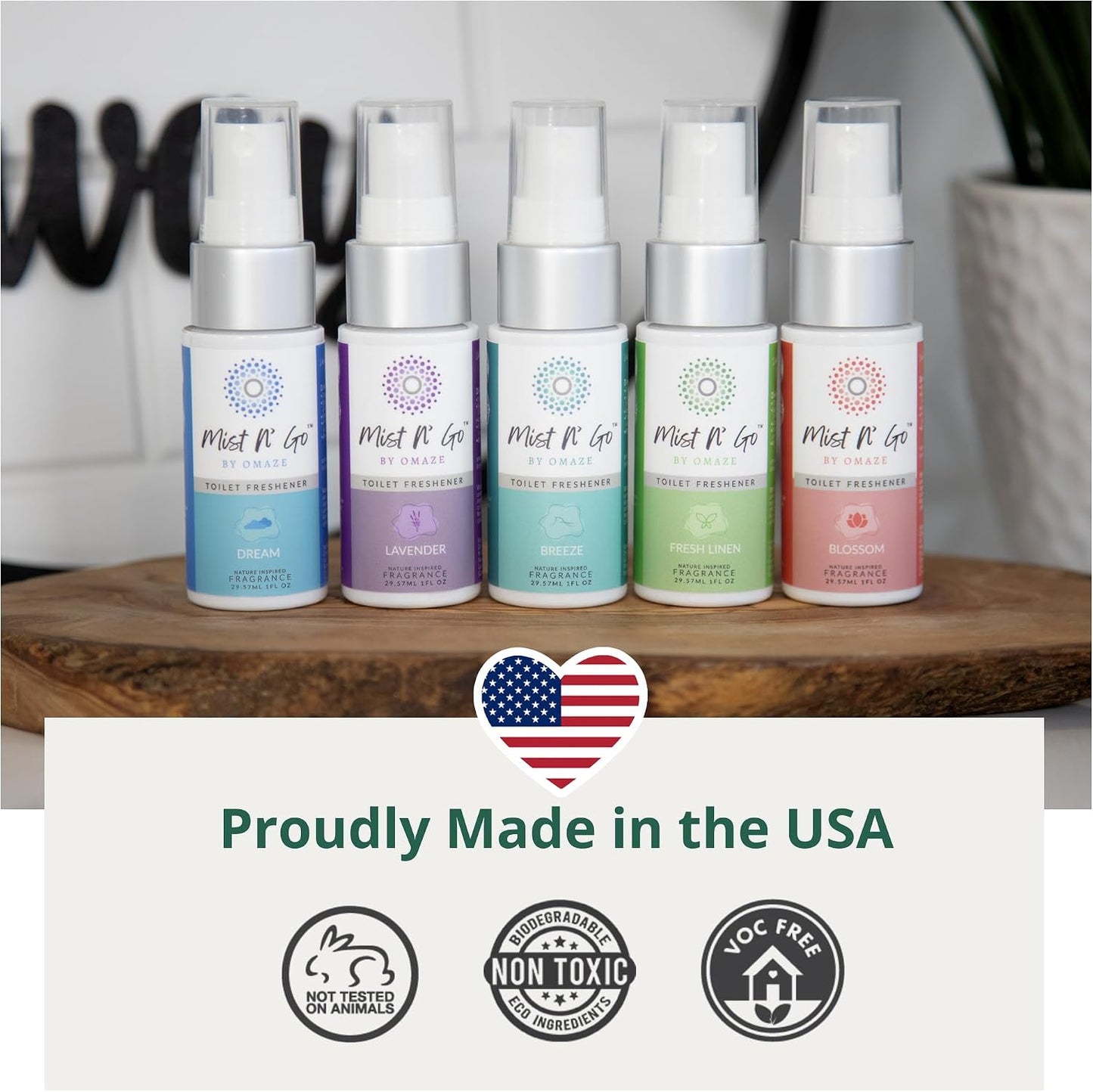 by Omaze Travel Bathroom Spray - Toilet Odor Eliminator & Air Freshener - Fresh Linen (1oz x5)