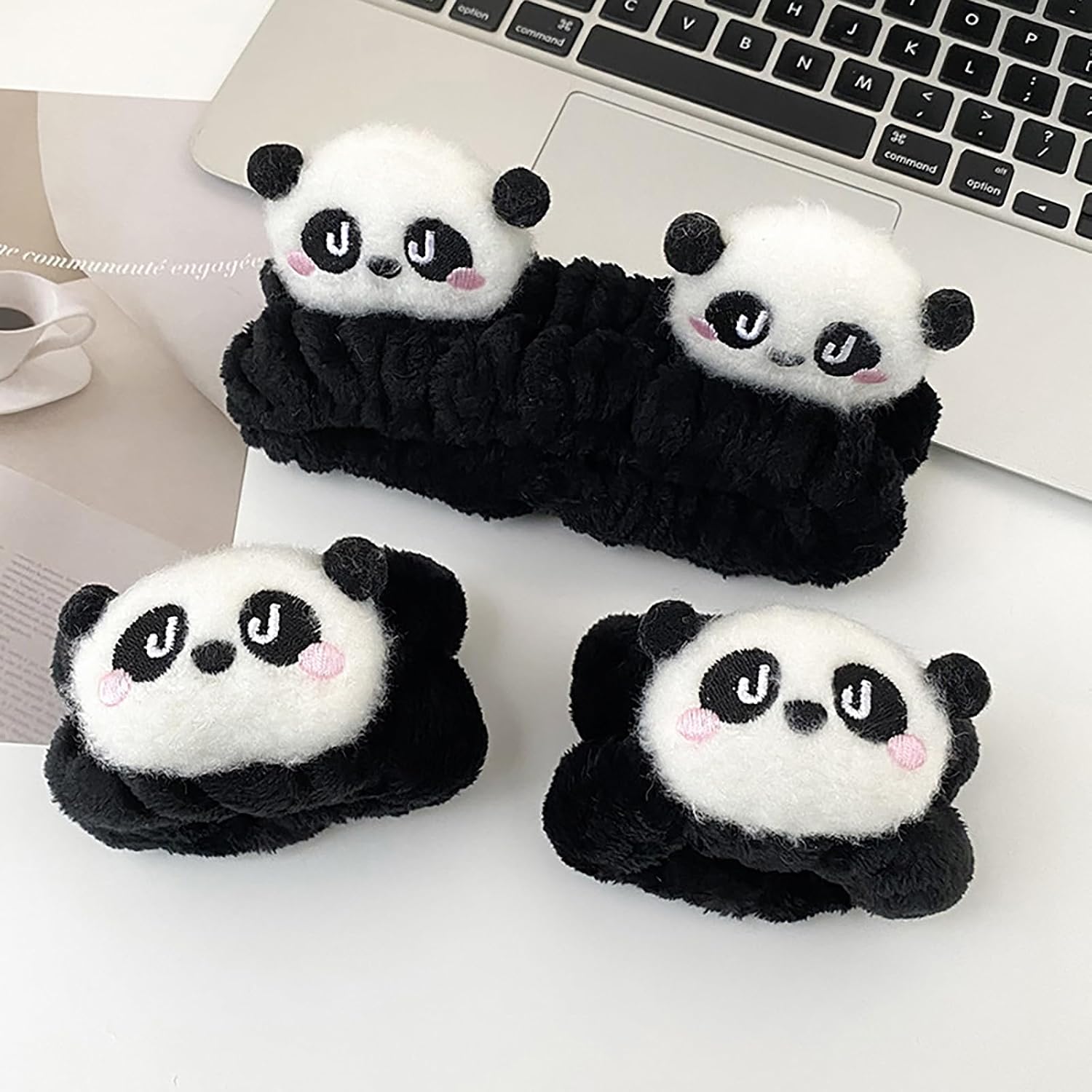 6PCS Cute Cat Ears Spa Headband for Washing Face Makeup Skincare Headband with Wrist Bands, Sleepover Party Supplies for Women/Teen Girl Trendy Stuff Present (6PCS Panda, standard size)