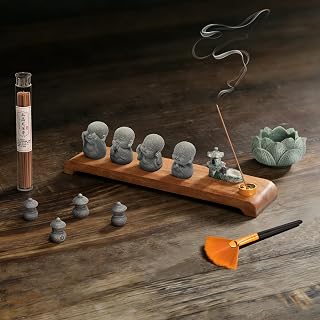 Laughing Buddha Statue Zen Set 4 Pcs with Wood Base, Lotus Incense Burner, Copper Incense Holder, Incense Sticks & Cleaning Brush All in One Feng Shui Decor for Home, Meditation, Desk & Spiritual Gift