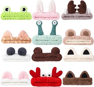12 Pcs Animal Ear Face Wash Headbands Spa Cute Soft Headband for Washing Face Make up Hairband Fuzzy Frog Cat Ears Crab Snail Head Band Skincare Hair Accessories for Women