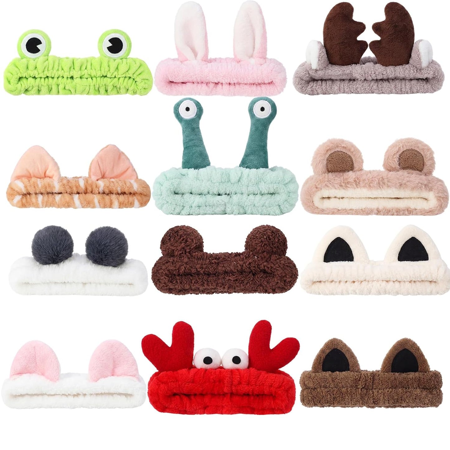 12 Pcs Animal Ear Face Wash Headbands Spa Cute Soft Headband for Washing Face Make up Hairband Fuzzy Frog Cat Ears Crab Snail Head Band Skincare Hair Accessories for Women
