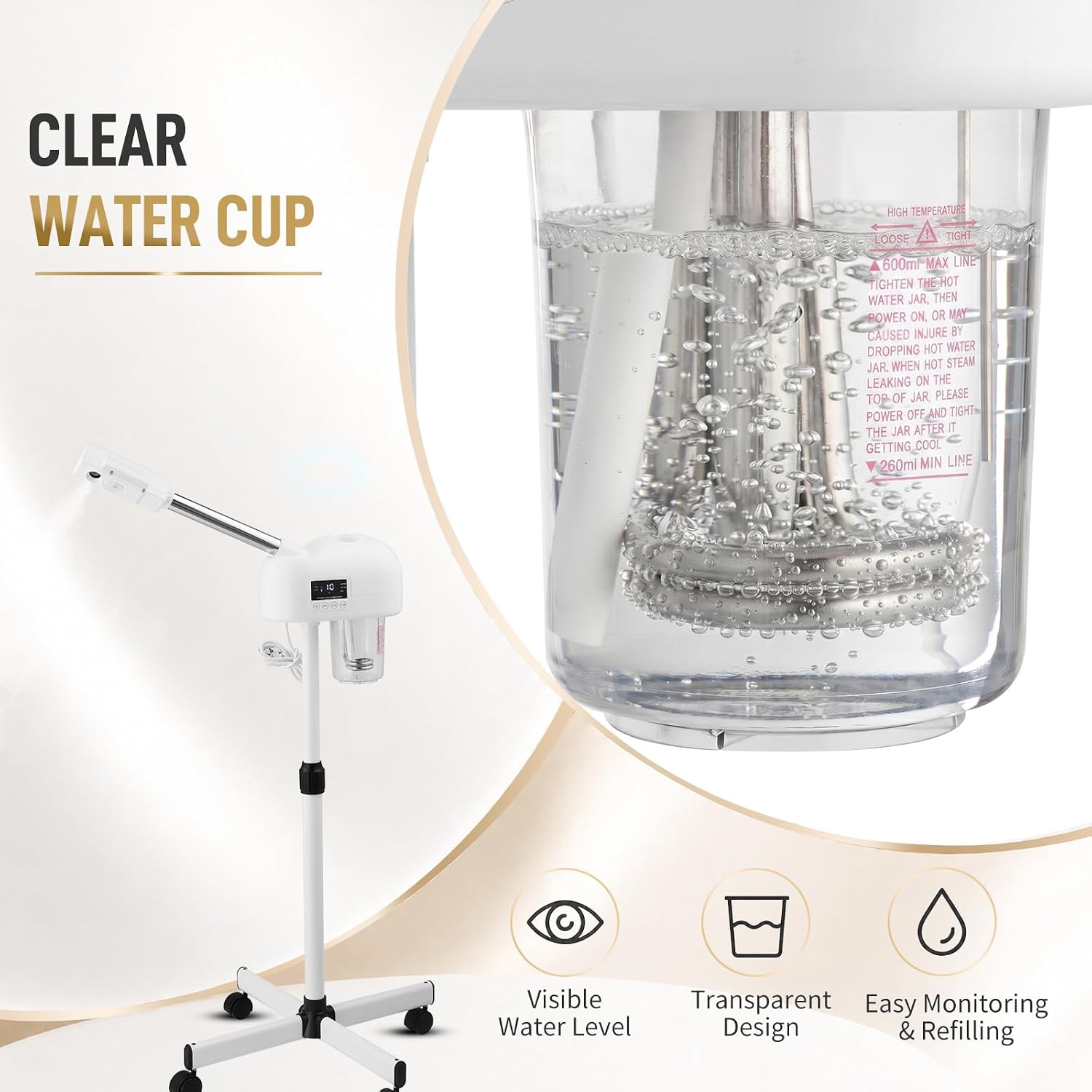 Winado Professional LCD Touch Screen Facial Steamer with Timer Function, Hot Mist Facial Vaporizer for Estheticians, Ideal for Home Beauty Spa Deep Cleansing & Skin Hydration, White