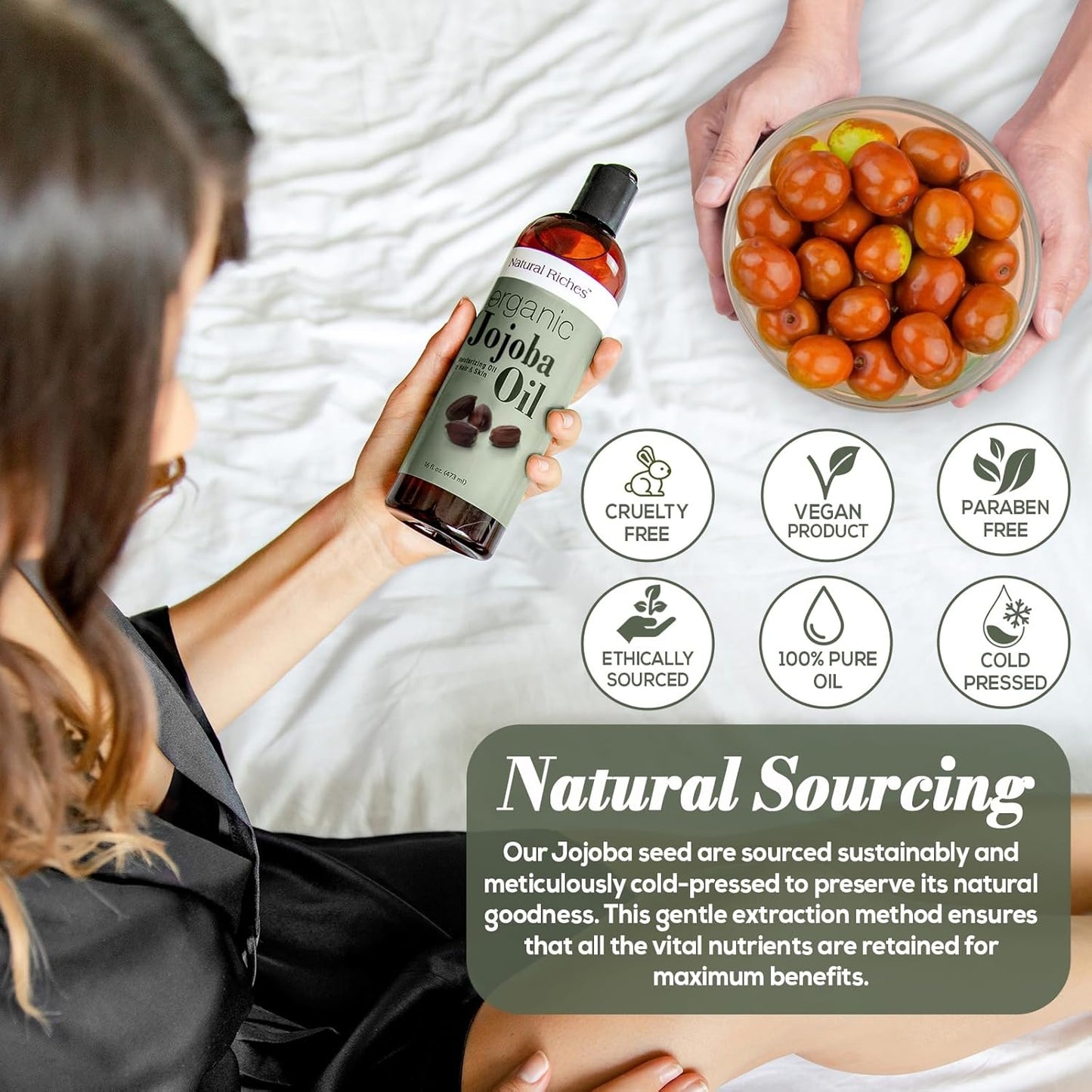 Natural Riches Organic Jojoba Oil, Pure (16 oz) | Moisturizing Oil for Face, Hair, Skin & Nails Cold Pressed Hexane Free Base Carrier oil.