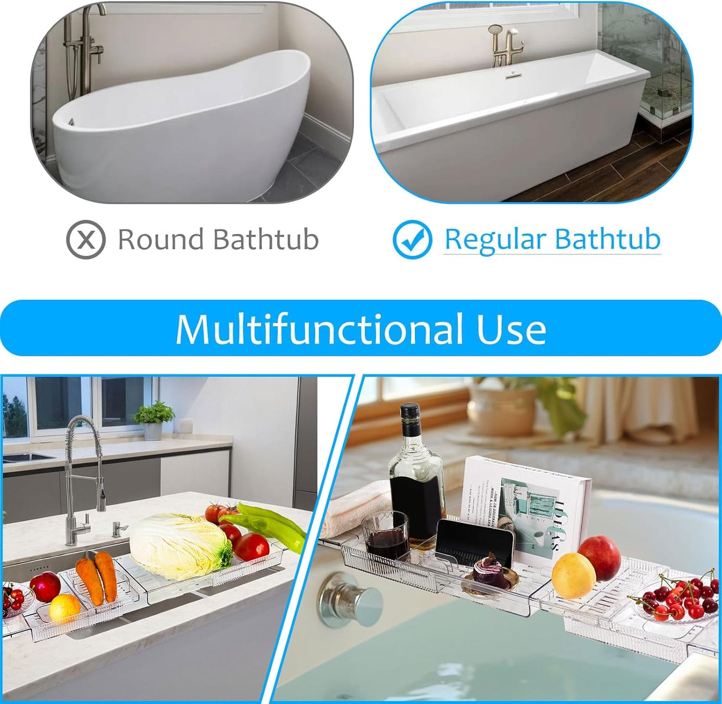 Expandable Bathtub Tray for Tub, Clear Acrylic Bath Caddy with Anti-Slip Design, Waterproof Bathroom Storage, Bath Organizer for Women, Fits Most Tubs up to 31.7" Ideal for Women and Adults