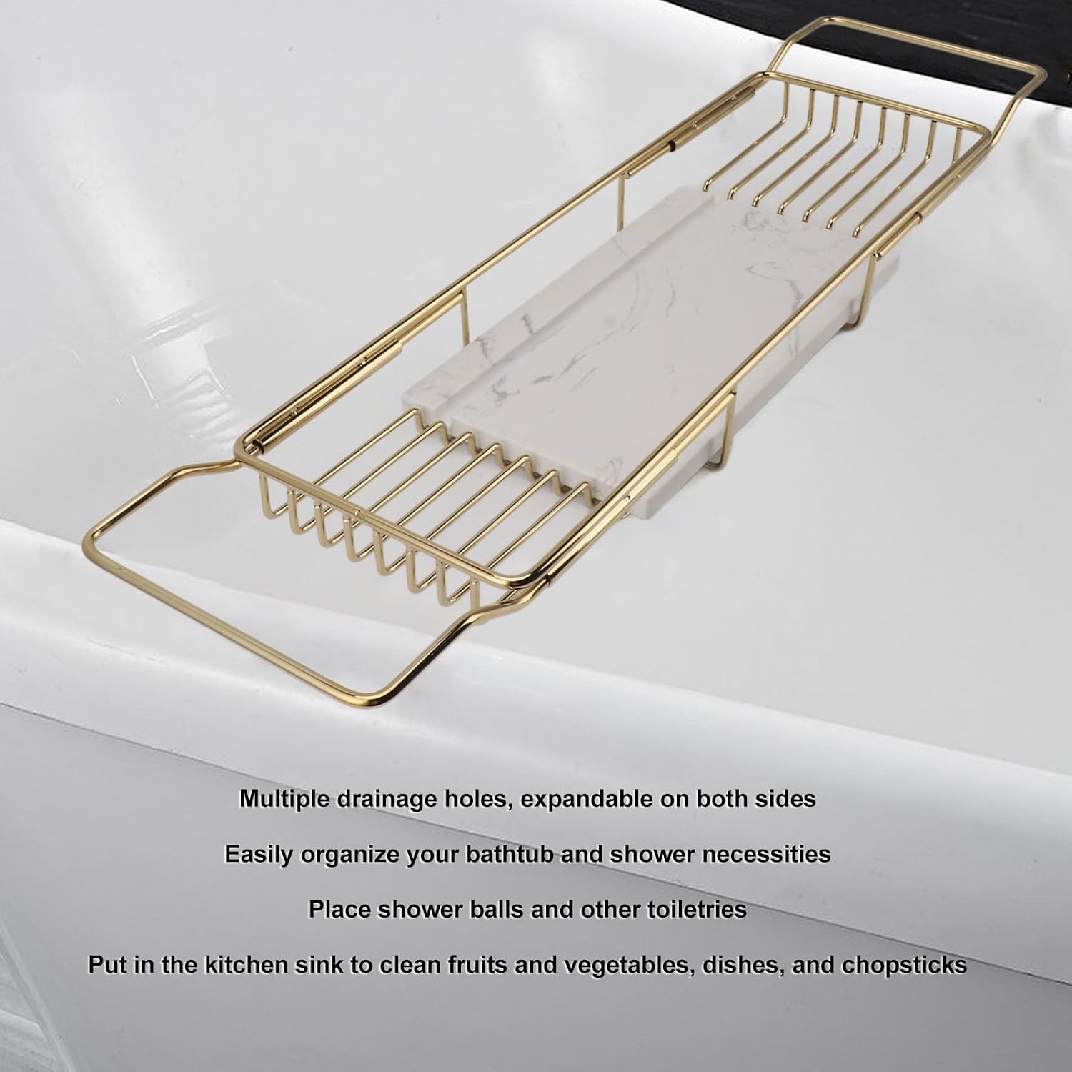 Marhynchus Metal Marble Bathtub Rack, Bathtub Caddy Tray Stainless Steel Shower Caddy Tray with Extending Sides, Bathroom Trays (Gold White)
