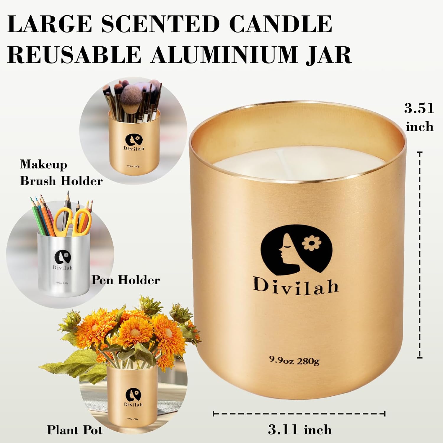 Lavender Scented Candles, 65 Hour Long Lasting Non Toxic Natural Soy Wax in Gold Aluminum Jar, Luxury Large Home Decorative Scented Candle, Relaxing Aromatherapy Gift for Women & Men, 9.9oz