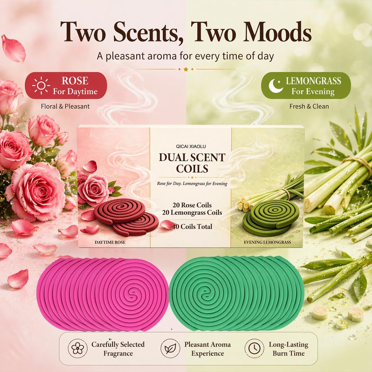 Dual Scent Incense Coil Set, Rose for Day & Lemongrass for Evening, Aromatherapy Incense for Relaxation, Meditation & Home Fragrance, Natural Scent for Indoor & Outdoor Use