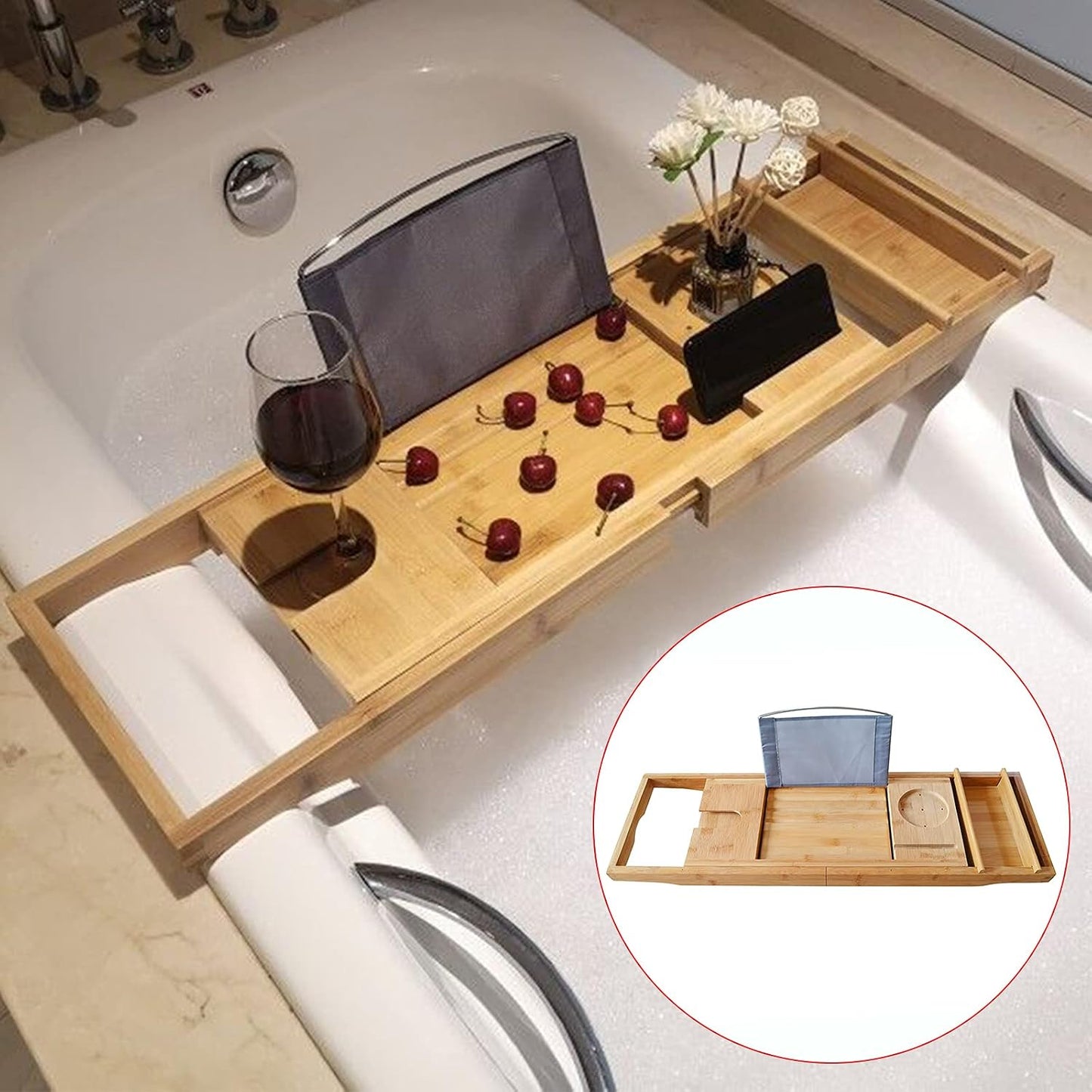 Bamboo Bathtub Tray Expandable Bathroom Tray for Home Spa Relaxation, Premium Foldable Wood Bath Table, Soap Dish, Book, Phone & Tablet Holder, Wine Glass Slot - Relaxing Bath Caddy
