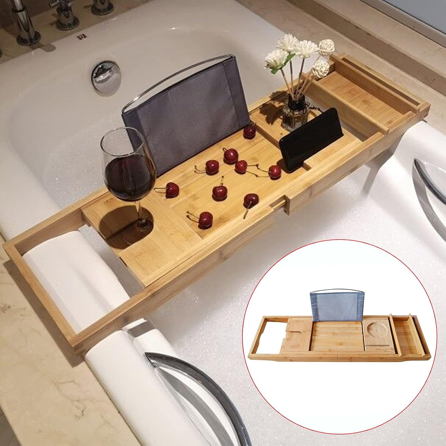 Bamboo Bathtub Tray Expandable Bathroom Tray for Home Spa Relaxation, Premium Foldable Wood Bath Table, Soap Dish, Book, Phone & Tablet Holder, Wine Glass Slot - Relaxing Bath Caddy