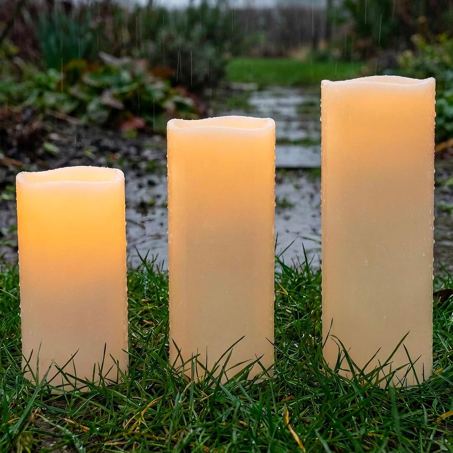 10" 12" 14" x 5" Extra Large Waterproof Outdoor Flameless Candles Battery Operated LED Pillar Candles for Indoor Outdoor Lanterns, Off White, Long Lasting, Set of 3