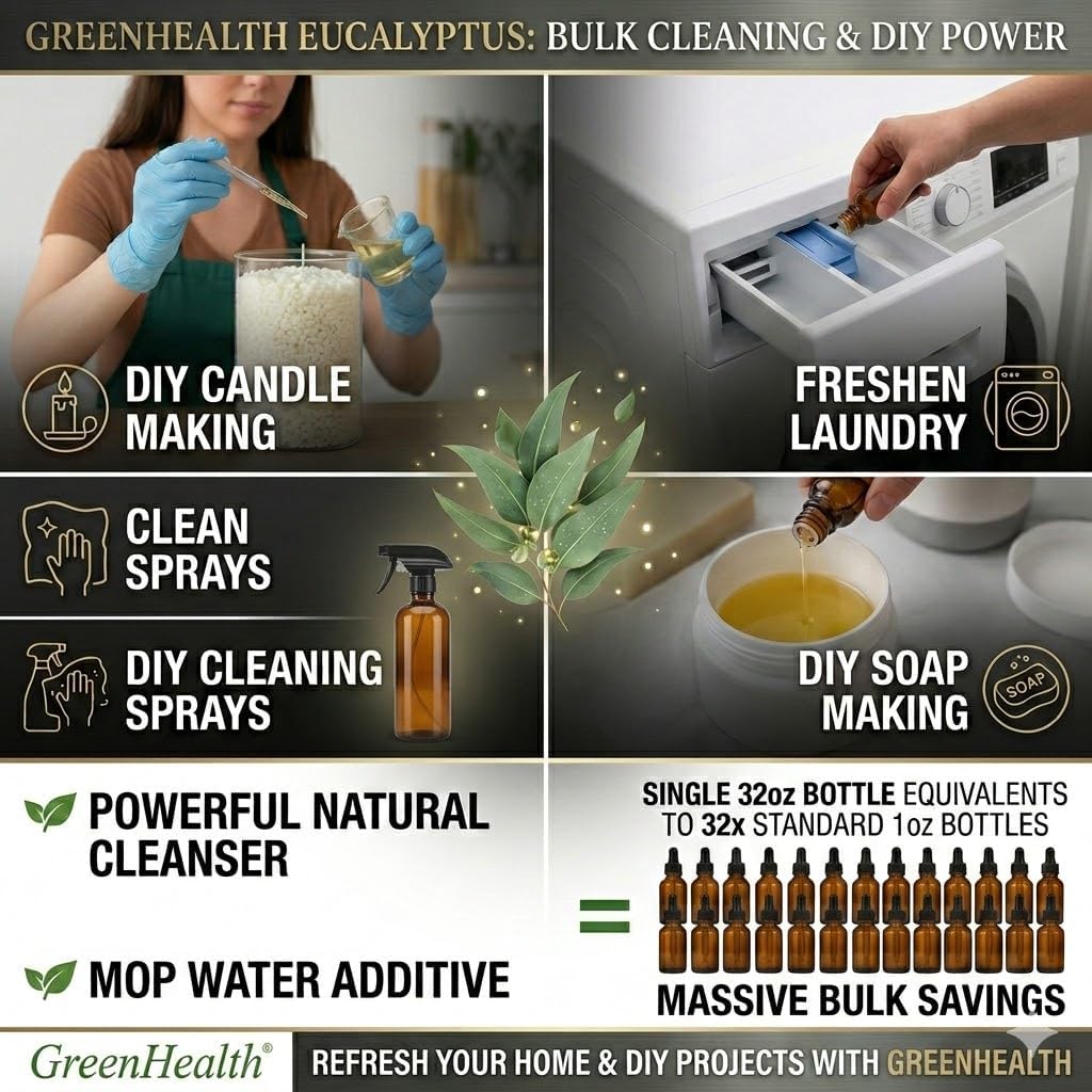 GreenHealth Eucalyptus Essential Oil – 32 fl oz (946 ml) – 100% Pure & Natural – Bulk Aromatherapy Oil in Aluminum Bottle – for Diffuser, Cleaning, Air Freshener, Home Fragrance