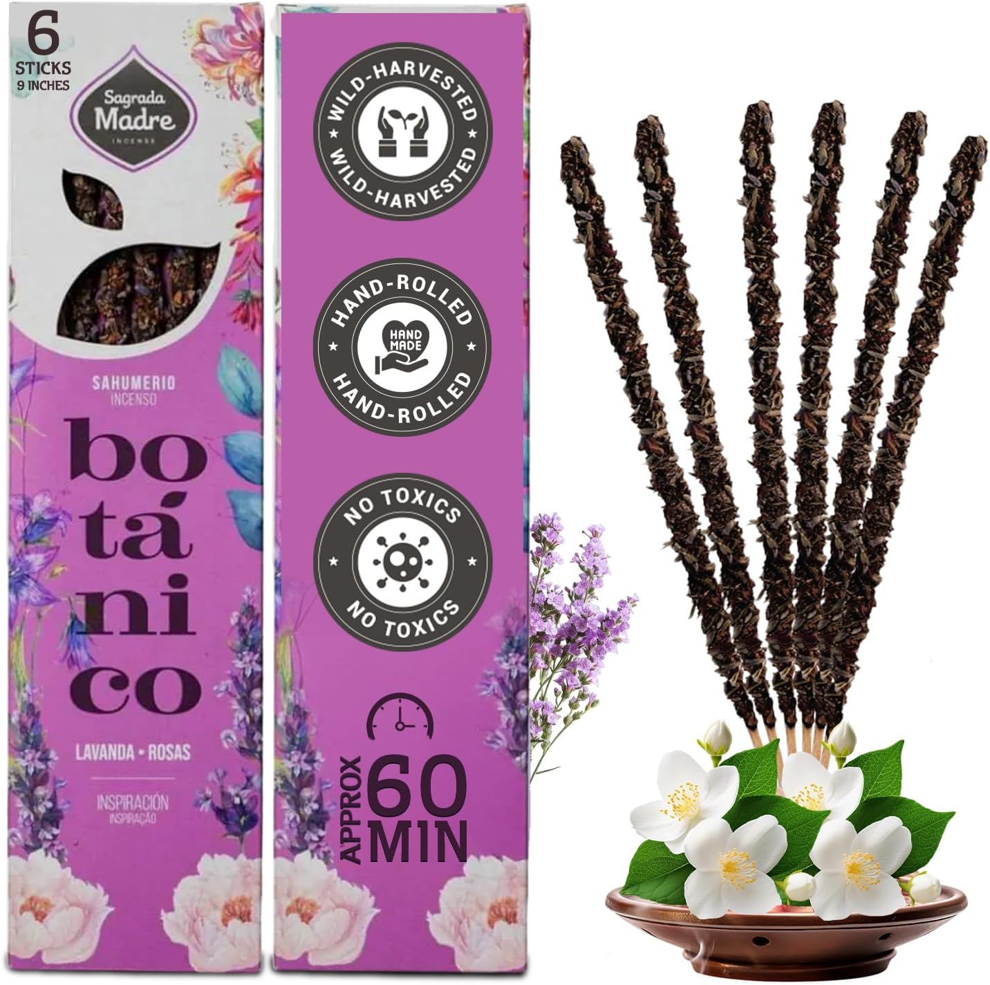Roses Lavender Incense Sticks by Sagrada Madre - 6 Extra-Long Thick Rod with Lavender, Fruit Base & Natural Oil - Rose Incense Sticks for Relaxation, Good Fortune & Gratitude - 1 Hour Burn Time
