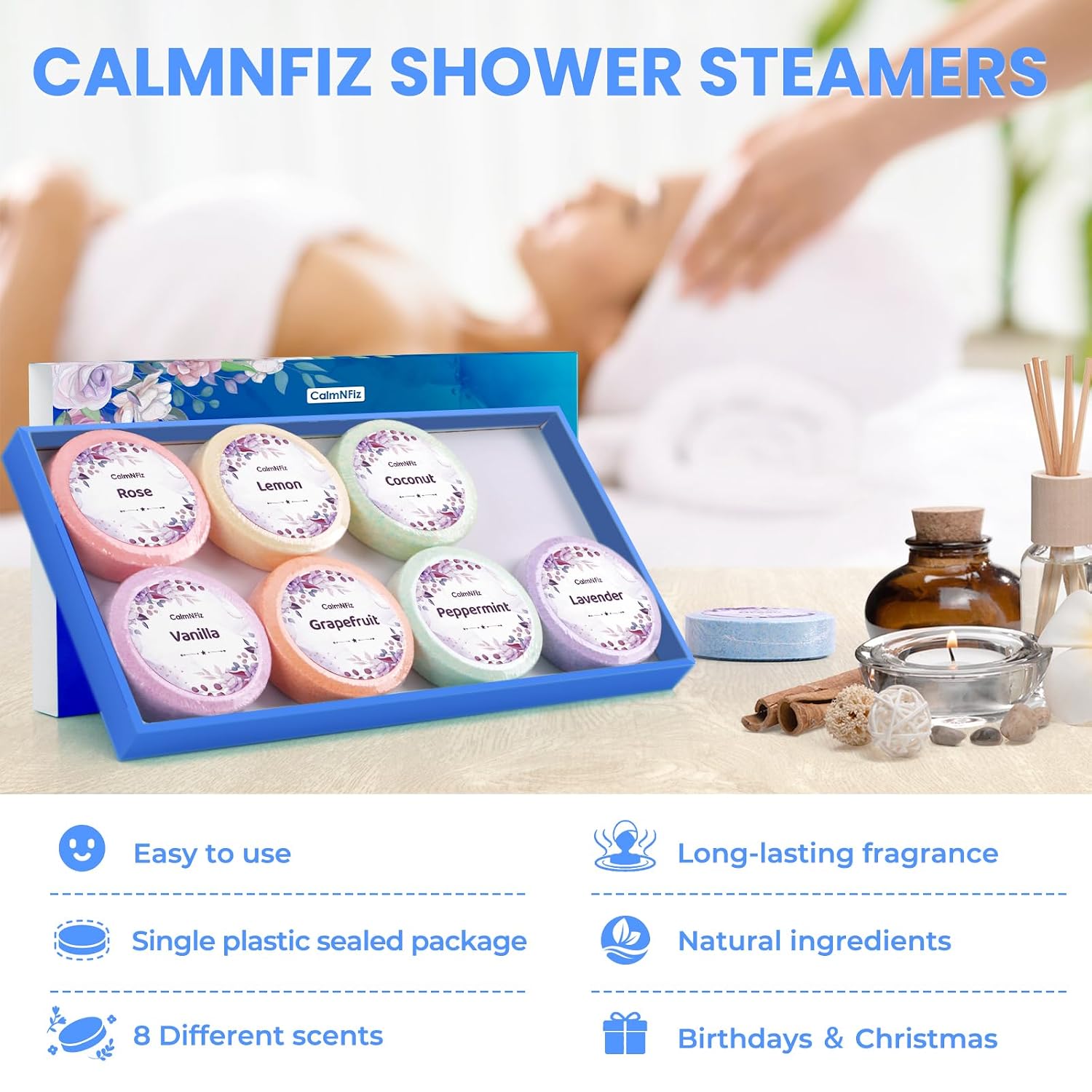Shower Steamers 8 Pack Set Shower Bombs Tablets in Blue Box with 8 Fragrances with Shea Butter for Self-Care & Relaxation, Idea for Mothers Day Women and Men