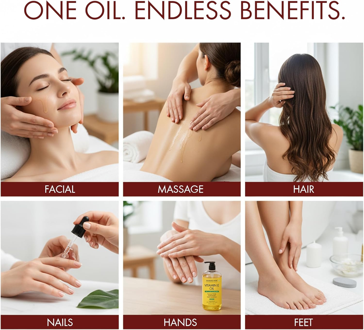 Majestic Pure Oil - 100% Pure and Natural- Cold Pressed & Hexane Free Natural Hair Growth Oil for Eyelashes, Eyebrows, Skin, Body, Face, Nails & Scalp - Vitamin E Oil 8 Fl Oz