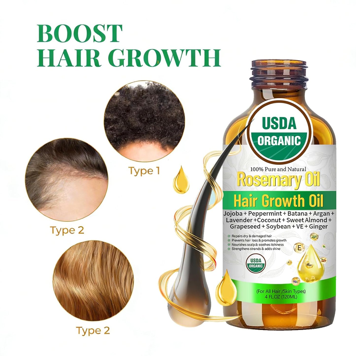 Rosemary Oil for Hair Growth, Organic Hair Oil For Hair Growth USDA Certified Cold Pressed with Castor, Peppermint for Thicker Eyebrows, Scalp Treatment & Repair Damaged Hair – 4 FL OZ