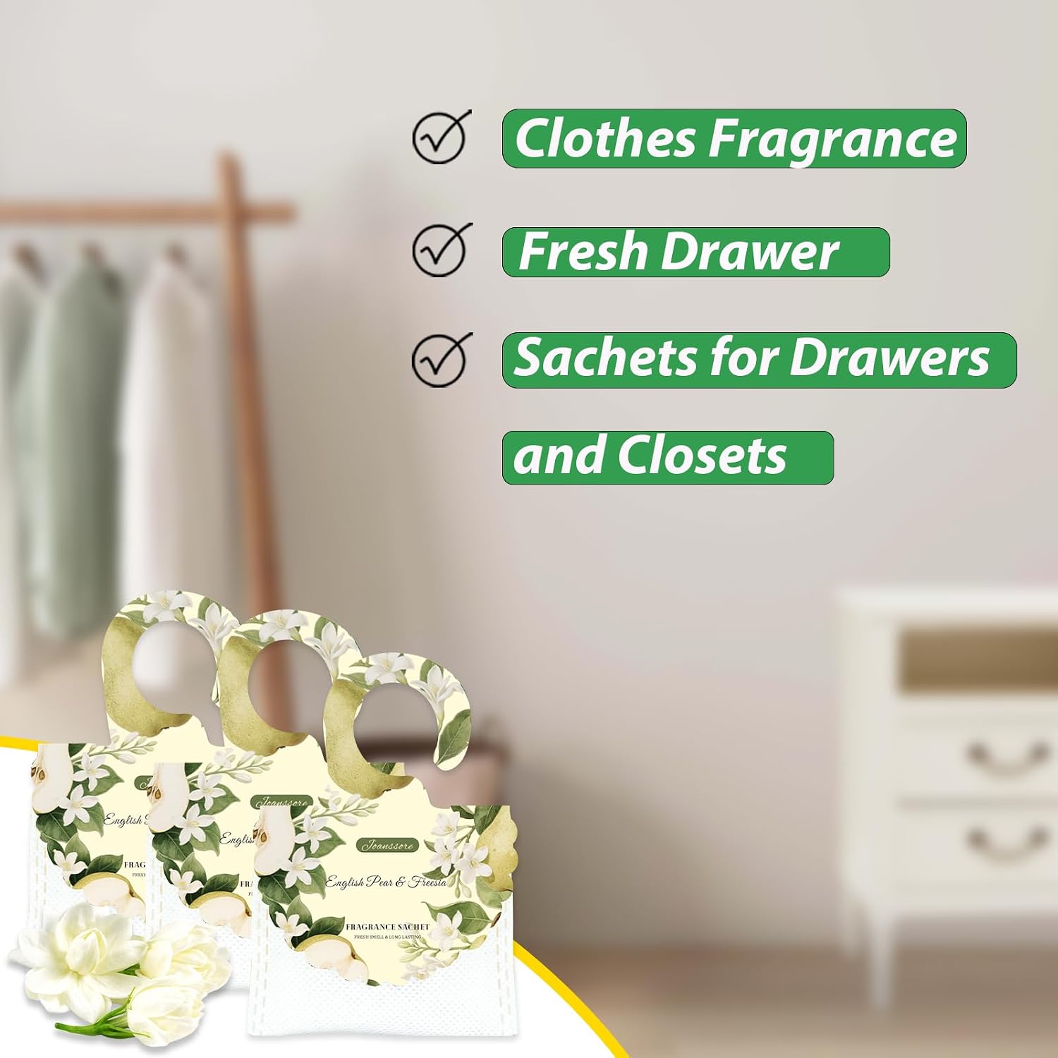 15 Packs Scented Sachets Bag for Drawers and Closets, Home Fragrance Sachet, Long-Lasting Hanging Closet Deodorizer Smell Goods for House (English Pear & Freesia)