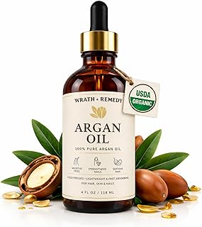 Organic Argan Oil of Morocco — USDA Certified, Cold-Pressed 100% Pure Argan Oil for Hair, Skin, & Nails — Lightweight, Fast-Absorbing for Soft Skin, Frizz Control, & Shine (Finest Glass Bottle, 4OZ)