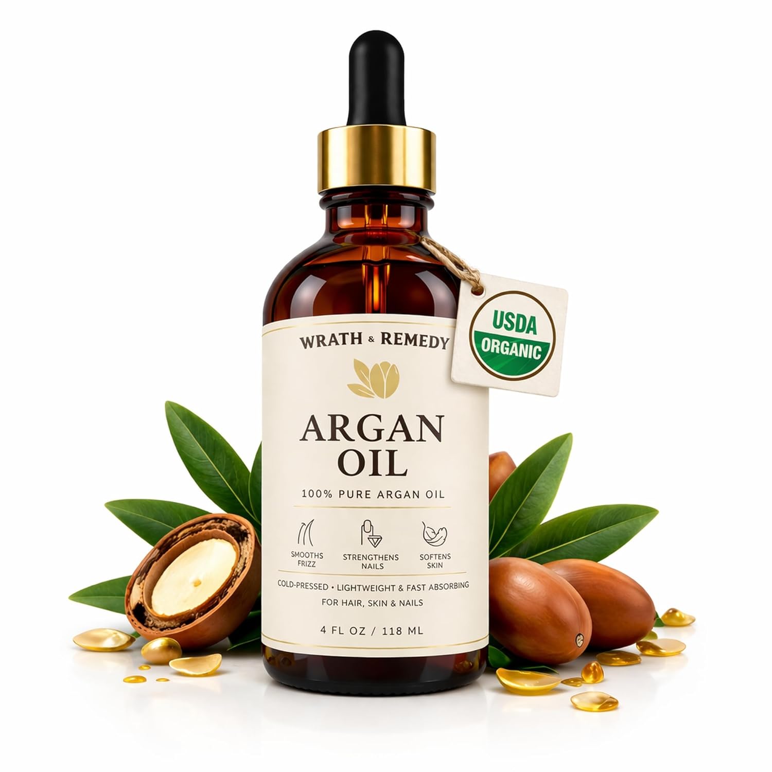 Organic Argan Oil of Morocco — USDA Certified, Cold-Pressed 100% Pure Argan Oil for Hair, Skin, & Nails — Lightweight, Fast-Absorbing for Soft Skin, Frizz Control, & Shine (Finest Glass Bottle, 4OZ)