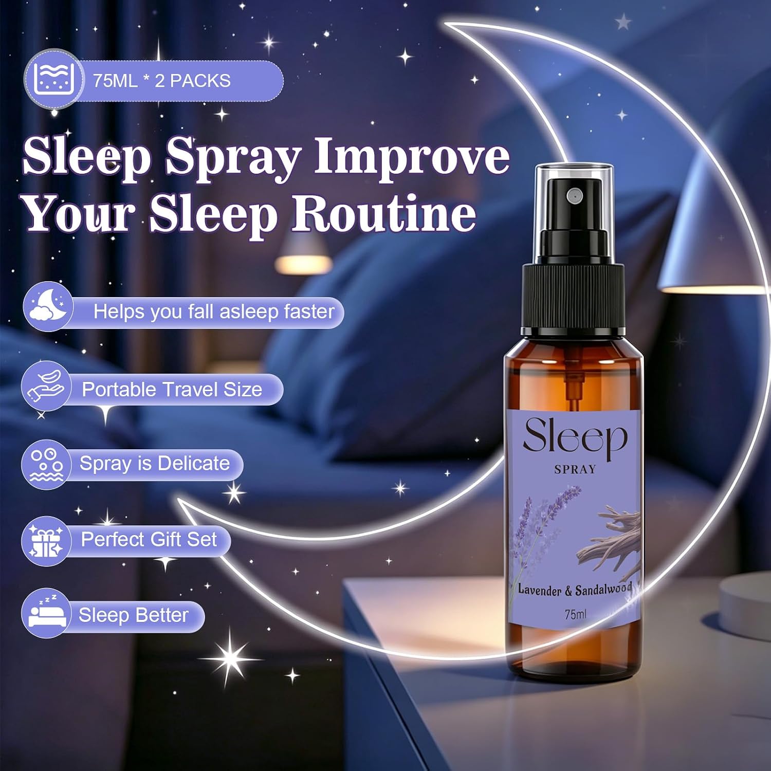 STRN Room Spray with Lavender Essential Oil for Sleep, Sleep Spray, Pillow Spray, 2 Scents - Lavender & Chamomile, Sandalwood, Sweet Dream Fragrance Mist, 75 ML x 2 Bottles
