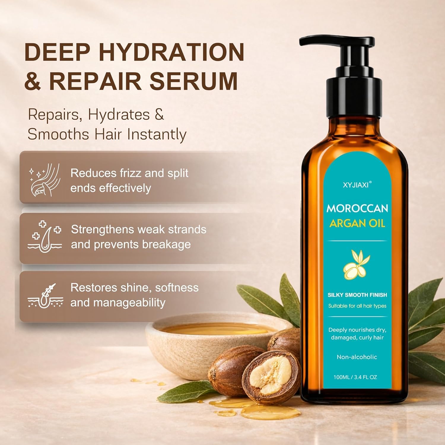 Moroccan Argan Oil – Nourishing & Smoothing Hair Oil for Long, Dry, Frizzy,Curly& Damaged Hair – Moroccan Hair Oil Treatment for Frizz Control & Heat Protection -3.4 oz