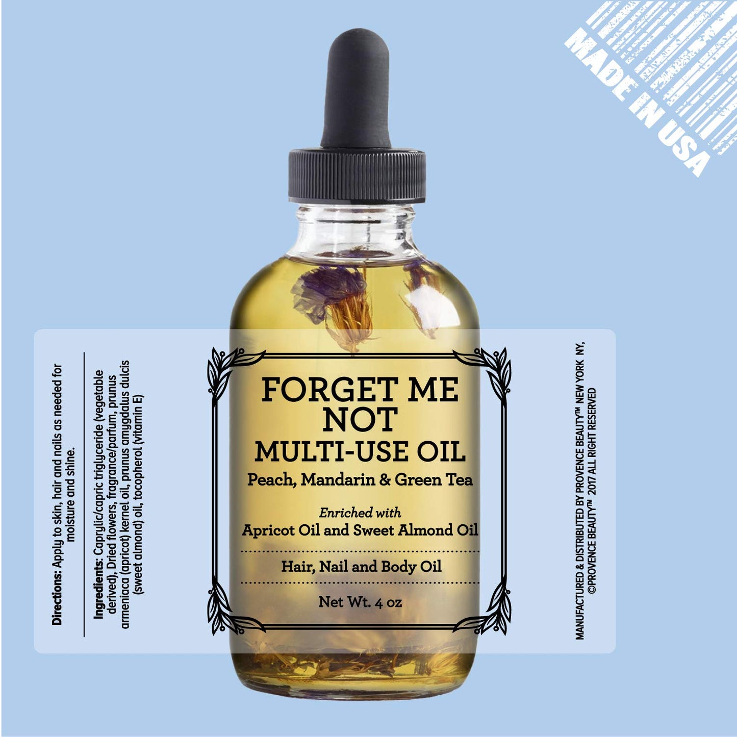 BEAUTE DE PROVENCE Multi-Use Oil for Face, Body and Hair - Forget Me Not - Organic Blend of Apricot, Vitamin E and Sweet Almond Oil Moisturizer for Dry Skin, Scalp and Nails - 4 Fl Oz