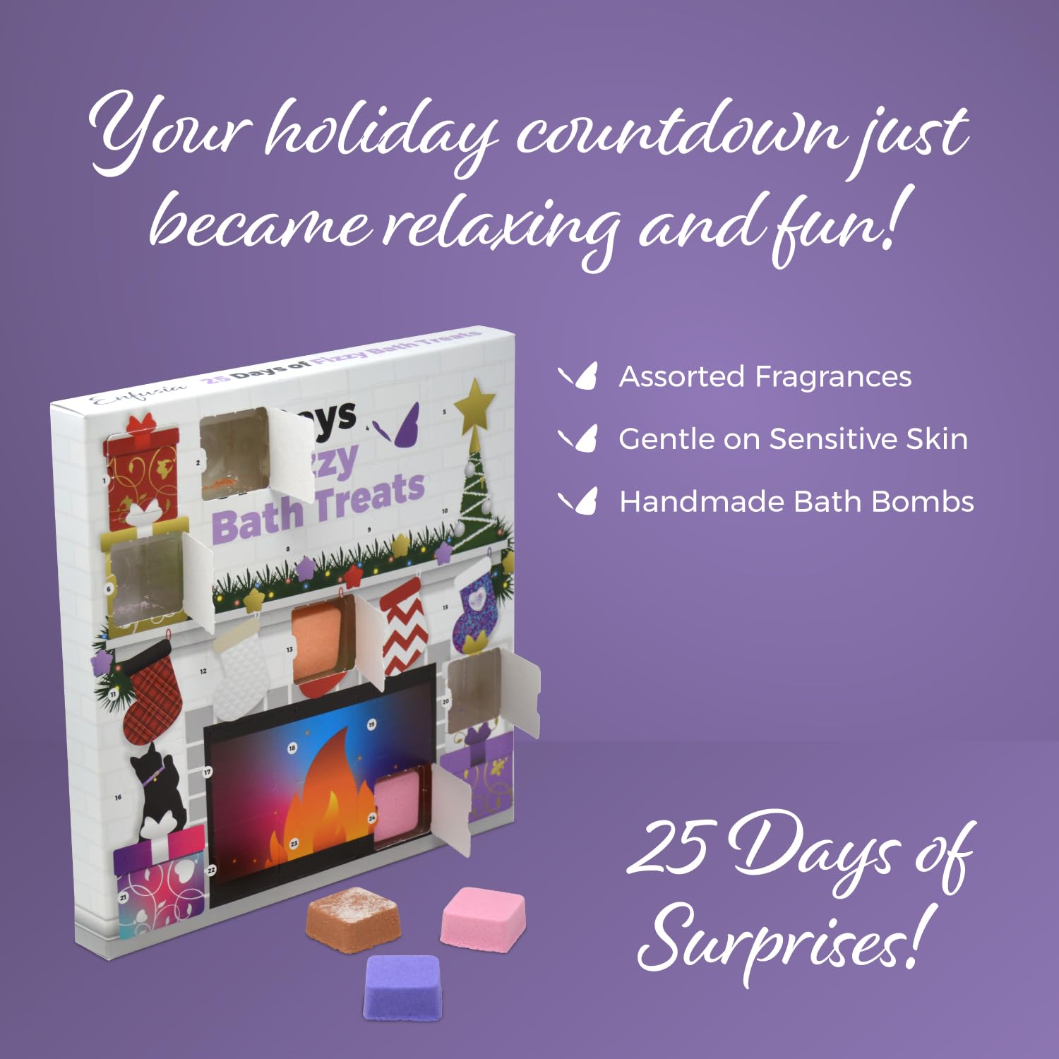 Enfusia Bath Bomb Advent Calendar 25 Days | Christmas Bath Bombs for Kids - Natural Vegan Dye-Free Fizzy Holiday Gift | Handcrafted in USA