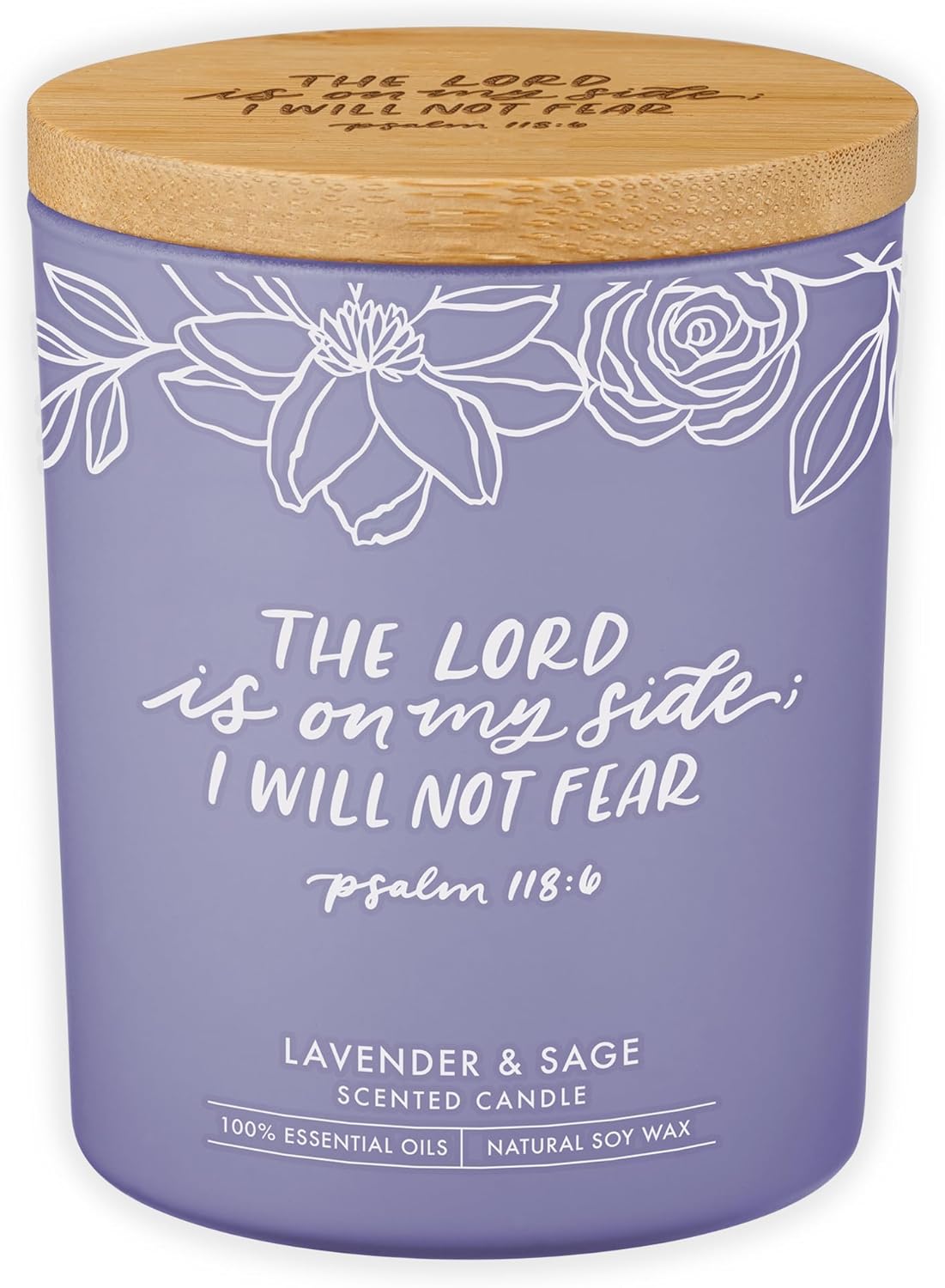 Christian Art Gifts Soy Wax Scented Candle: Lavender & Sage Scent, Psalm 118:6 Bible Verse, Pure Essential Oils, 4.5 oz, Up to 20 Hours Burn Time, Glass Jar w/Bamboo Lid, Encouragement Gift for Women