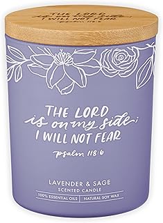Christian Art Gifts Soy Wax Scented Candle: Lavender & Sage Scent, Psalm 118:6 Bible Verse, Pure Essential Oils, 4.5 oz, Up to 20 Hours Burn Time, Glass Jar w/Bamboo Lid, Encouragement Gift for Women