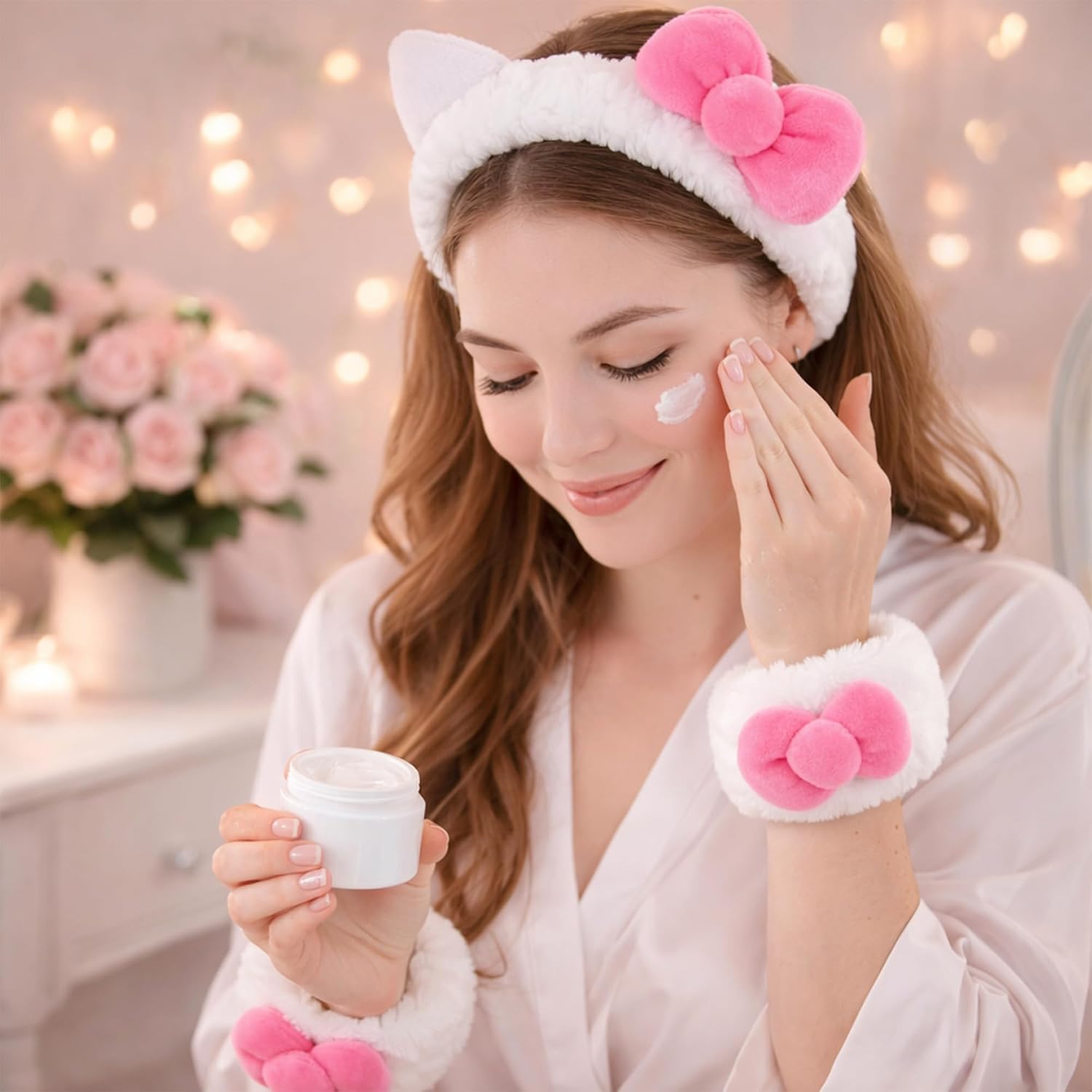 Cat Bow Makeup Headband for Skincare, 3 Pack Cute Spa Makeup Headband Set for Women, Cat Ear Bow Washing Face Headbands with Wristbands