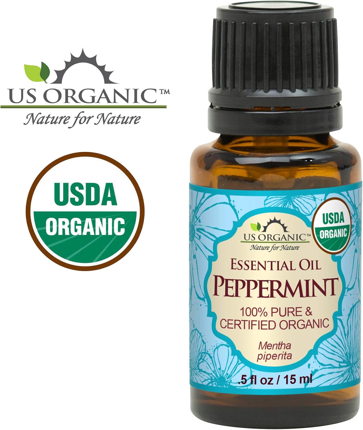 US Organic 100% Pure Peppermint Essential Oil - USDA Certified Organic - 15 ml - w/Improved caps and droppers (More Size Variations Available)
