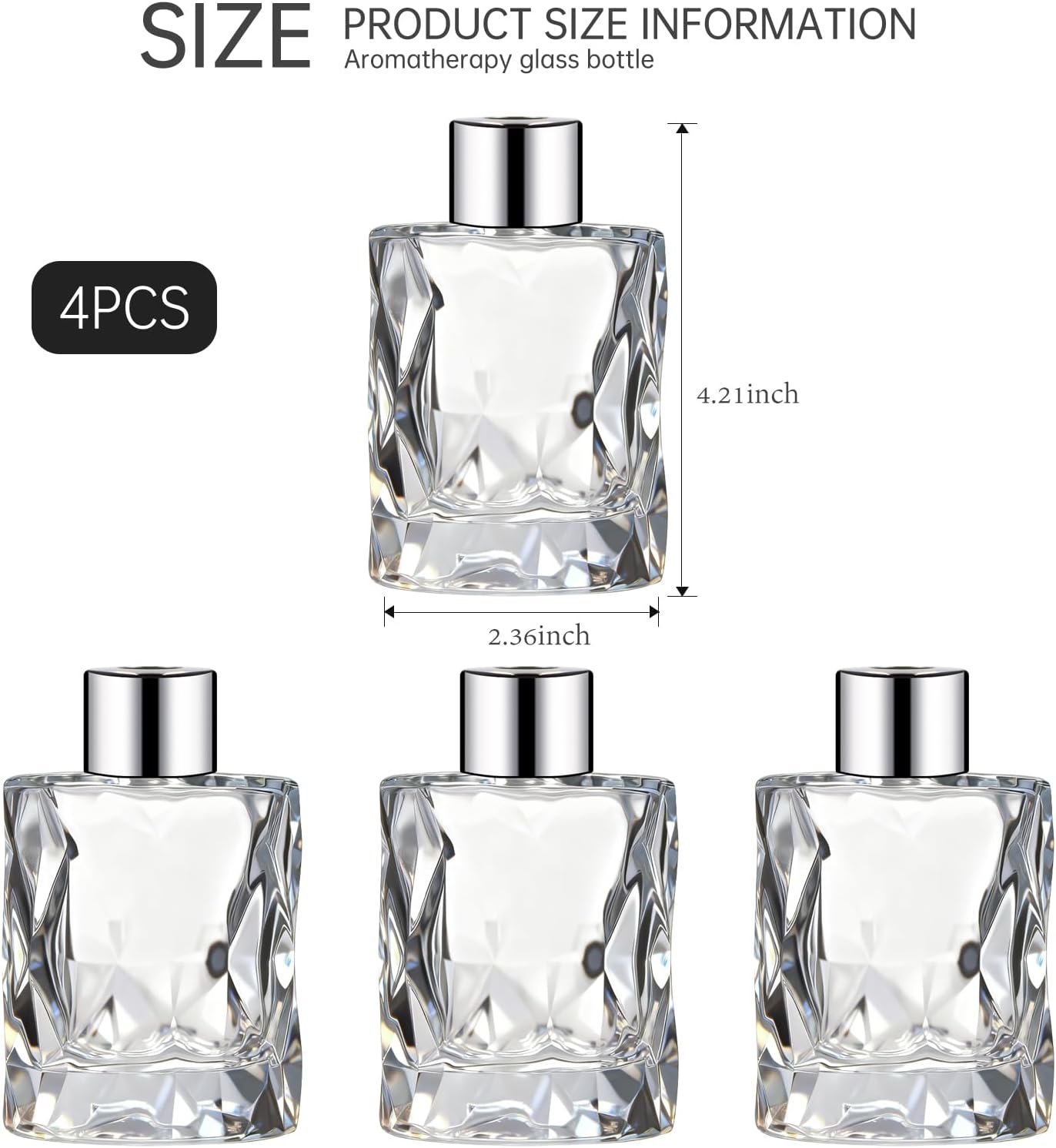 Glass Diffuser Bottles Irregular Surface with Silver Caps Refillable Diffuser Bottles Set of 4-3.1" High, 50ml 1.7 fl oz. Diffuser Jars for Home Fragrance
