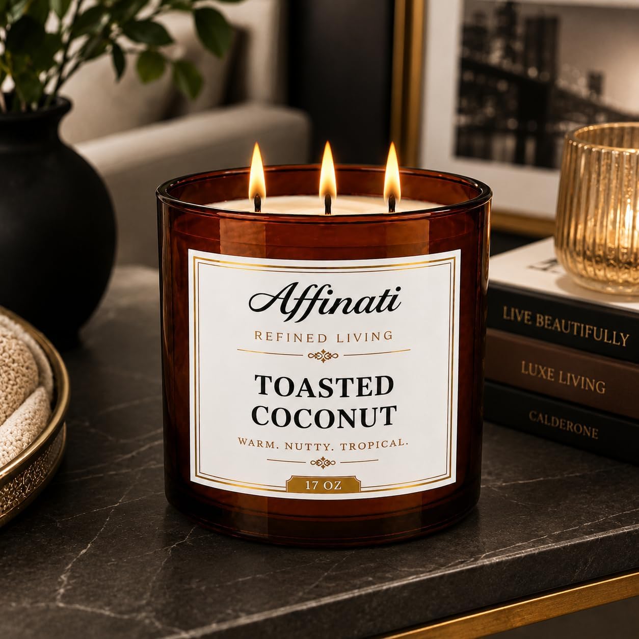 Affinati Toasted Coconut 3 Wick Scented Candle – Large Soy Blend Candle, Strong Scent Throw Warm Rich Paradise Tropical Vibe Candle, Premium Clean Burning Luxury Gift