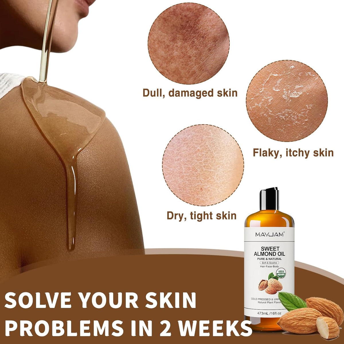 MAYJAM Organic Sweet Almond Oil, for Skin, Face, Hair Moisturizing 16 Oz
