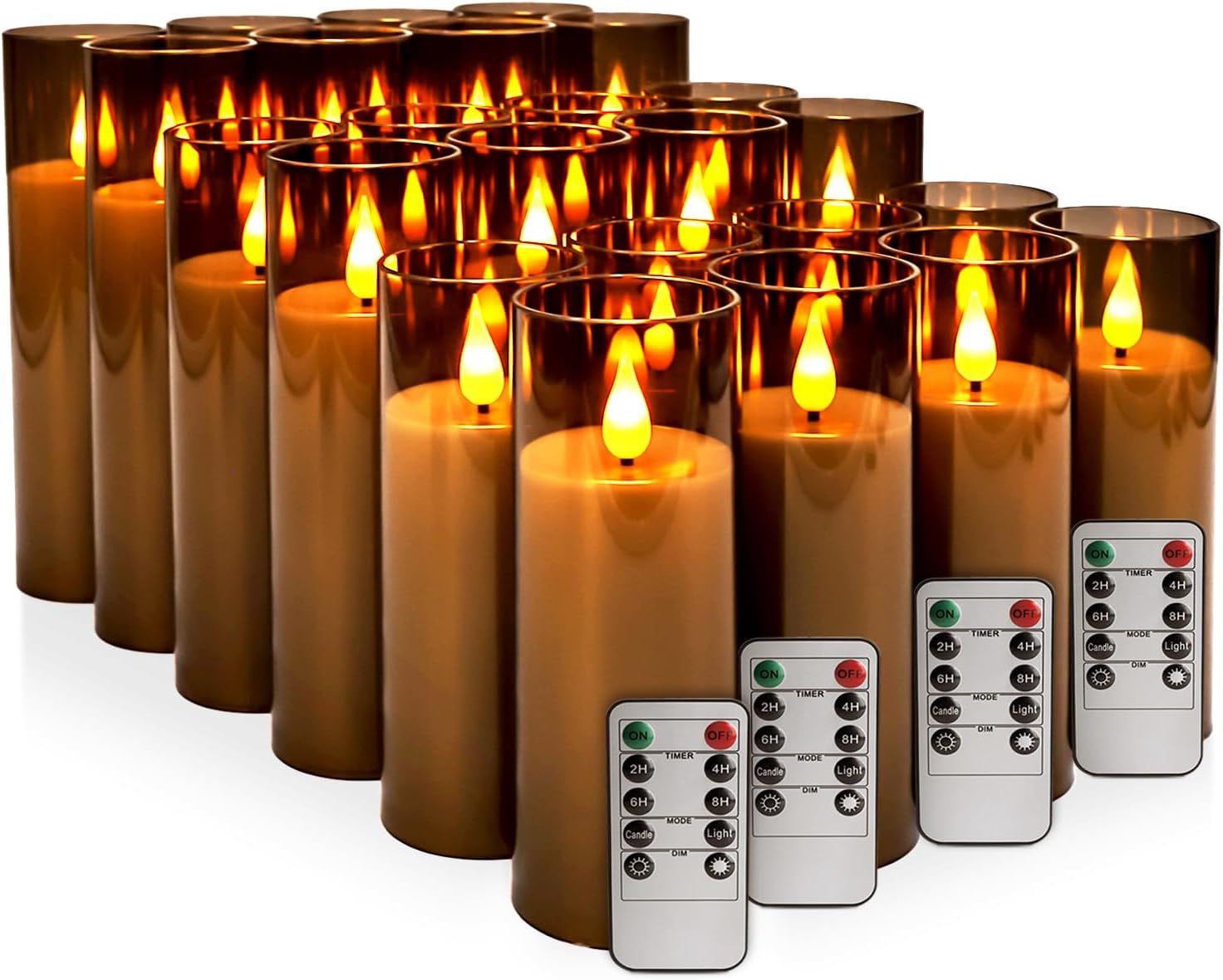 24 Pack LED Gray Flameless Candles with Remote, 3D Flickering Battery Operated Candles in Glass Holders, Safe for Weddings, Parties, Home and Outdoor Decor.