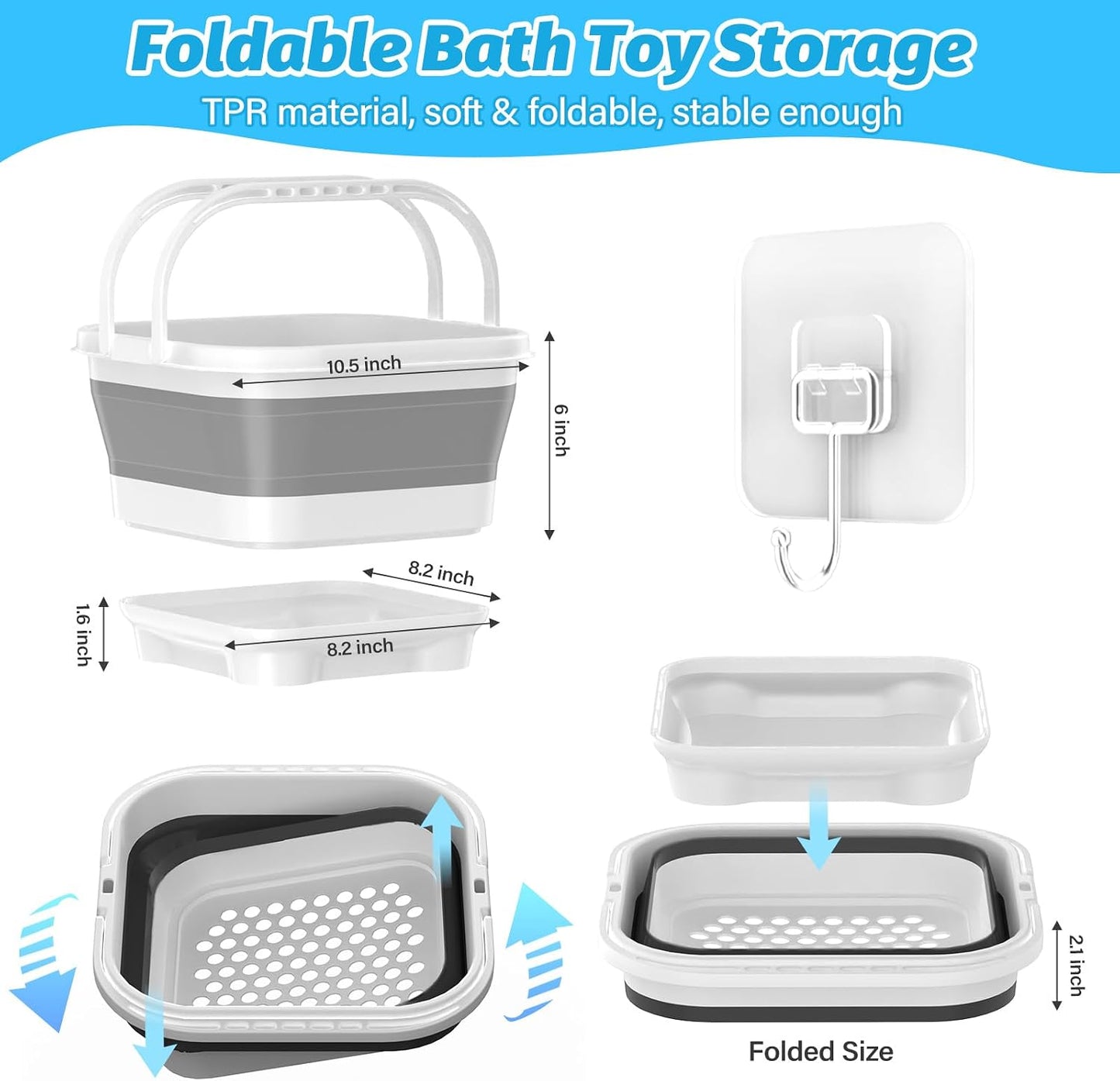Anivia Foldable-Bath-Toy-Storage-Organizer, Bath Toy Holder with Base, Quick-Drain-Drying Bathtub Toy Storage/Basket, Stand Up Bathroom Shower Toys Holder for Kids - Gray