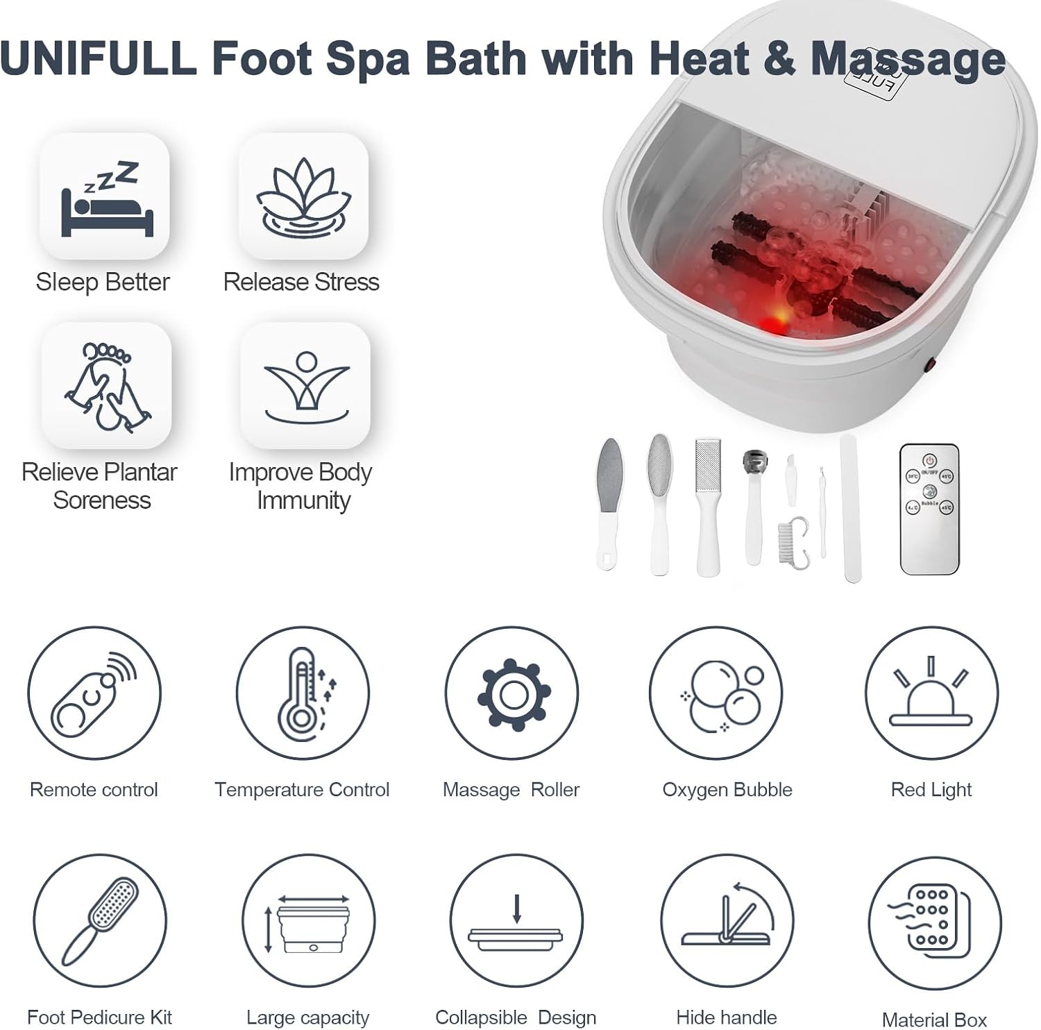 UNIFULL Foot Spa Bath with Heat and Temperature Control, Massager Roller, Bubble, Remote Control, Pedicure Kit, Red Light, Large Heating Foot Bath-White
