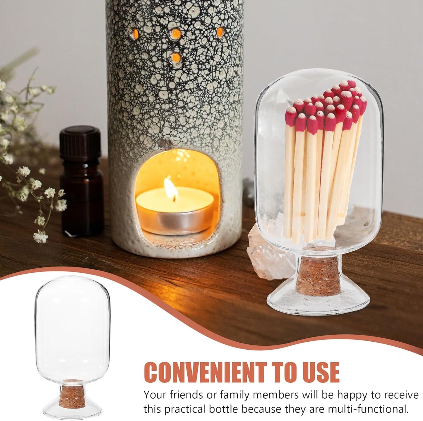 BESTOYARD Glass Match Holder, 125ml Match Cloche Jar Match Striker Jar Fancy Bathroom Matches Cloche Bottle for Candles Decorative Matches Fireplace