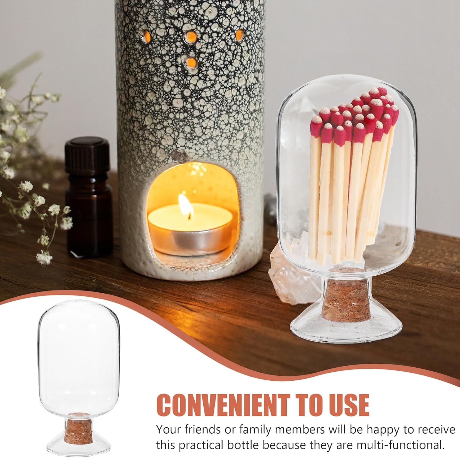 BESTOYARD Glass Match Holder, 125ml Match Cloche Jar Match Striker Jar Fancy Bathroom Matches Cloche Bottle for Candles Decorative Matches Fireplace