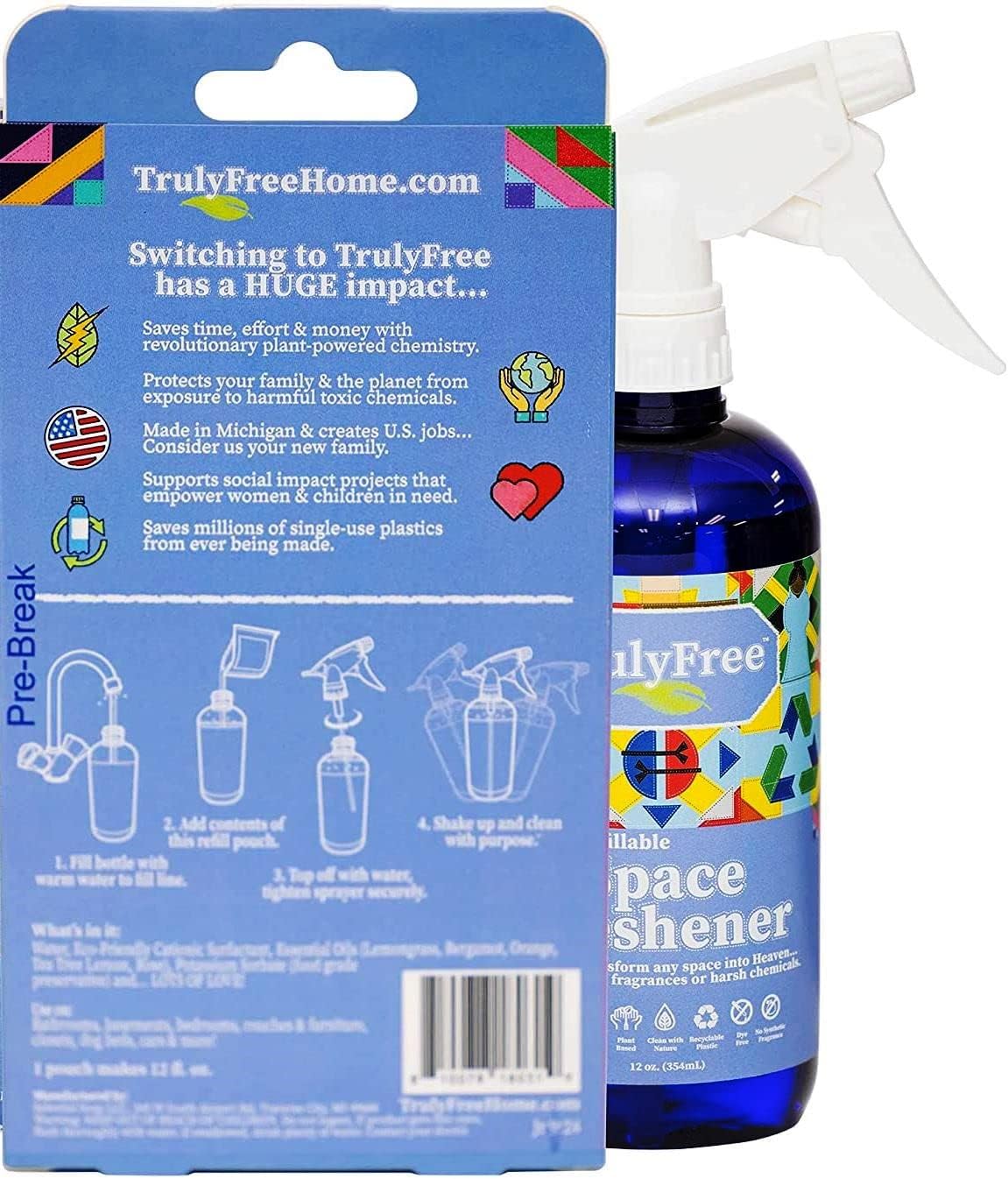 Truly Free Space Freshener Starter Kit, Lemongrass Essential Oil - Car and Air Fresheners for Home, Natural Odor Eliminator Room Spray, 12 oz Empty Bottle + One (3 oz) Fill - No Synthetic Fragrances