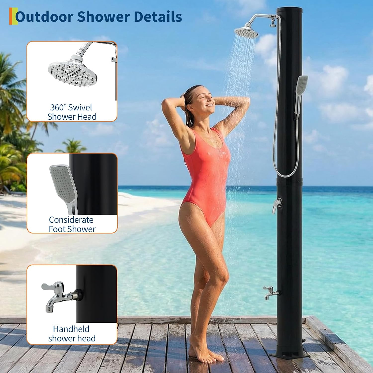 GarveeLife 10 Gallon Solar Heated Outdoor Shower, 2-Section Freestanding Pool Shower with Shower Head & Foot Tap & Handheld Sprayer, Hot & Cold Water Adjustment, Spa Shower with Protective Cover
