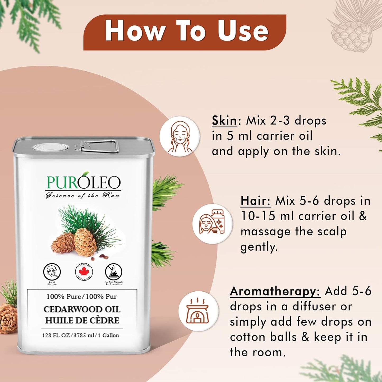 PUROLEO Cedarwood Essential Oil 128 Fl Oz/3785 ML (Packed in Canada) 100% Pure & Natural Cedarwood Oil for Aromatherapy, Relaxation, and Skin Care - Cedarwood Oil for Diffuser