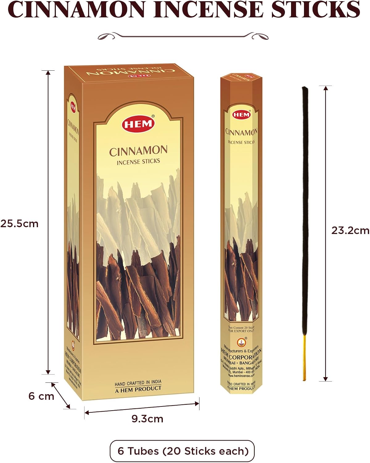 Hem Cinnamon Incense Sticks (120 Sticks, 6 Boxes Inside) - 9 Inches Long, 20g per Box - Perfect for Meditation, Rituals,Cleansing &amp; Yoga.