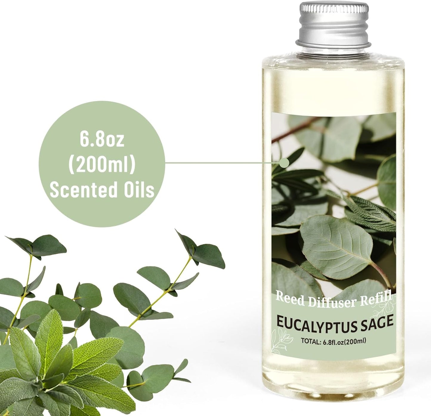 STRN Reed Diffuser Oil Refill, Eucalyptus Sage Scented Reed Diffuser Set, 6.8 fl.oz（200ml）, Reed Diffuser Refill for Summer Home Fragrance, Bedroom, Bathroom Office Home Decor