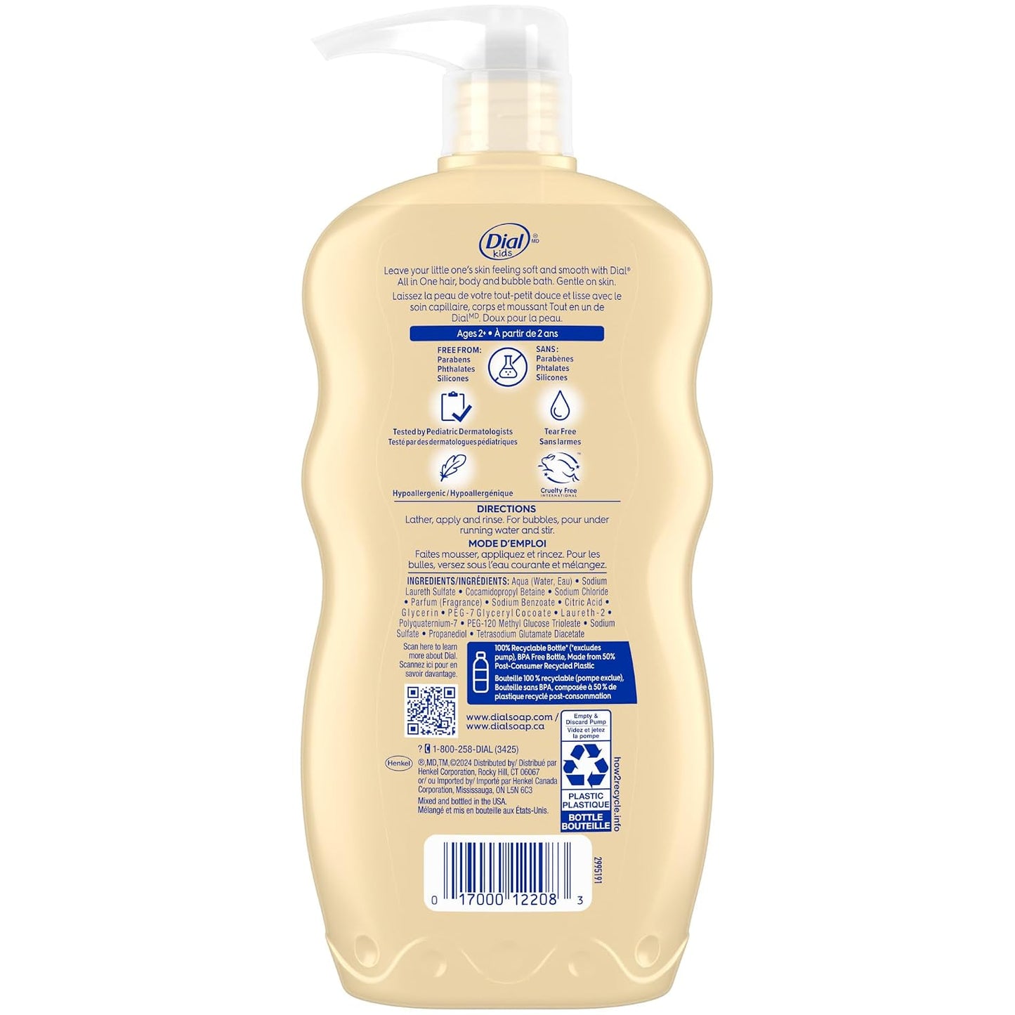 Dial Kids 3-in-1 Body + Hair + Bubble Bath, Peach, 24 fl oz (Pack of 4)
