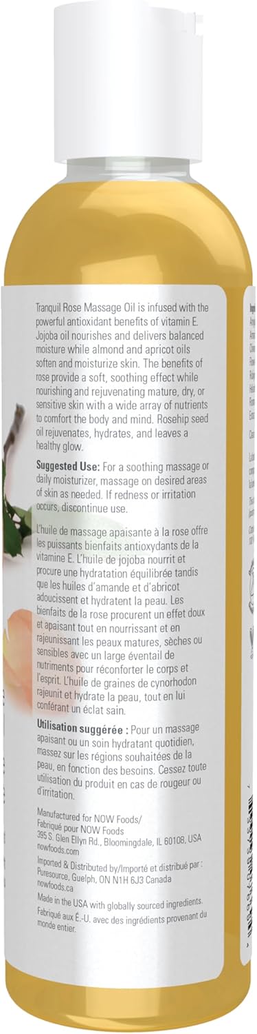 NOW Solutions, Tranquil Rose Massage Oil, Body Moisturizer for Dry Sensitive Skin, Promotes Healthy-Looking Skin, 8-Ounce