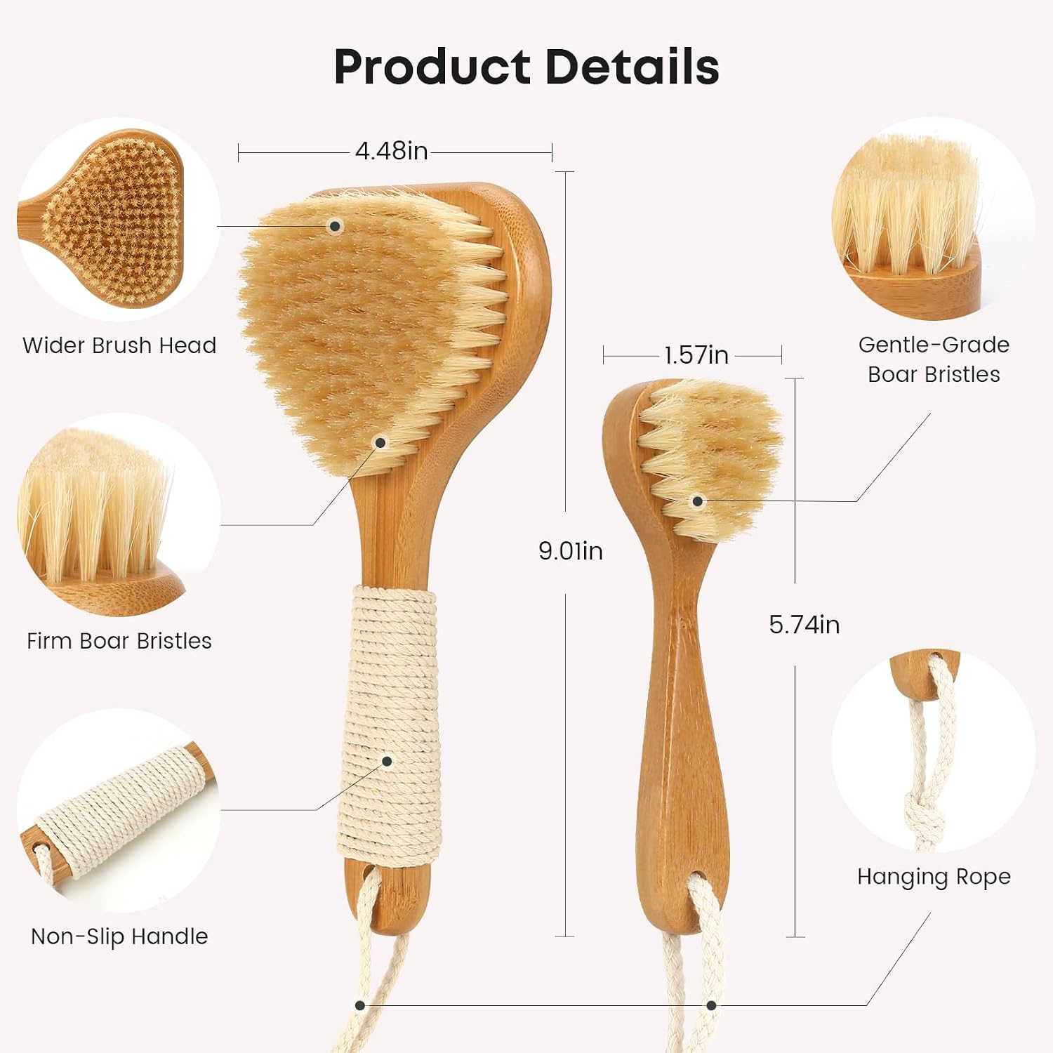 eaxun Bamboo Dry Brushing Set with Body and Face Brush, Dry Scrub Brush with Exfoliating Natural Boar Bristle for Lymphatic Drainage, Cellulite Reduction, Blood Circulation and Glowing Skin, 2 Pack